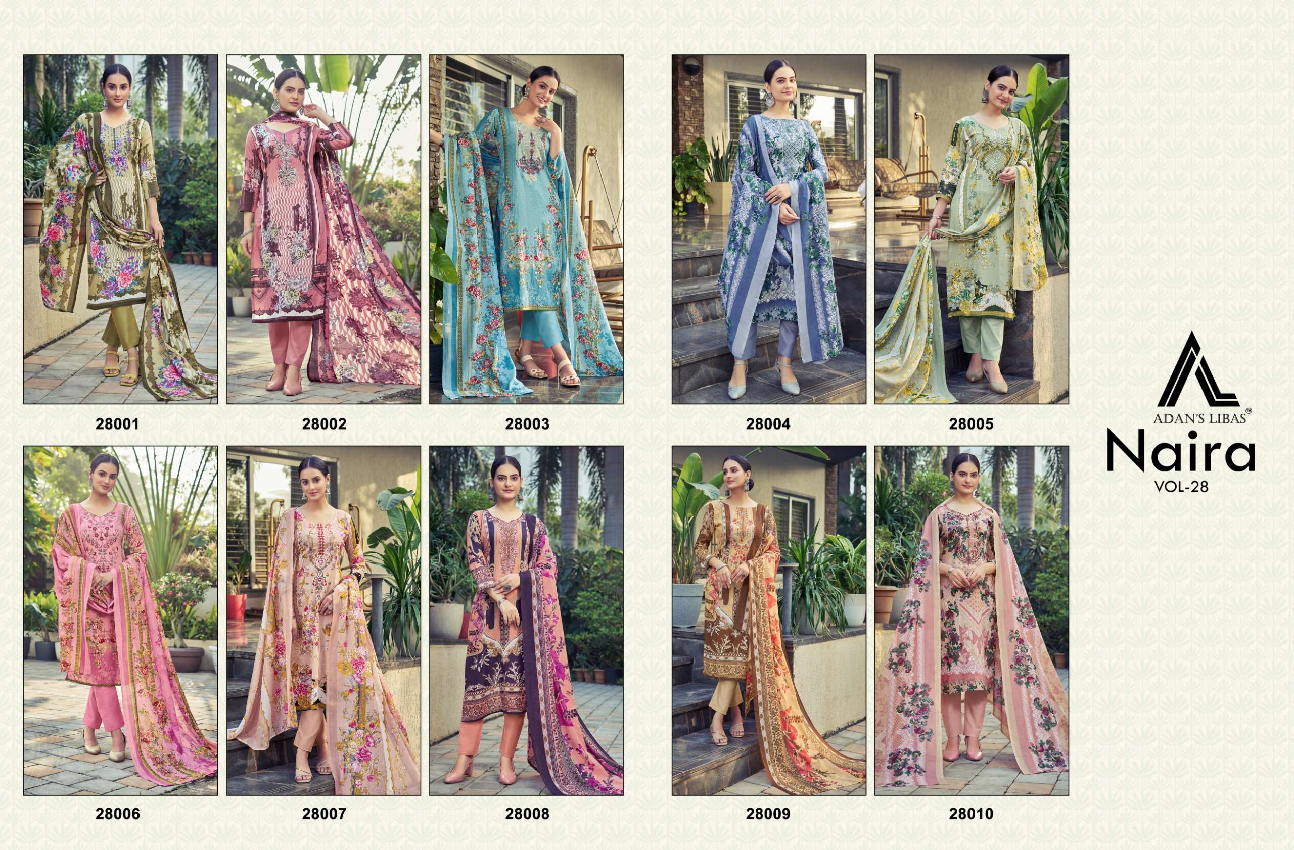 adan libas naira vol-28 28001-28010 series latest fancy designer pakistani salwar kameez wholesaler surat gujarat