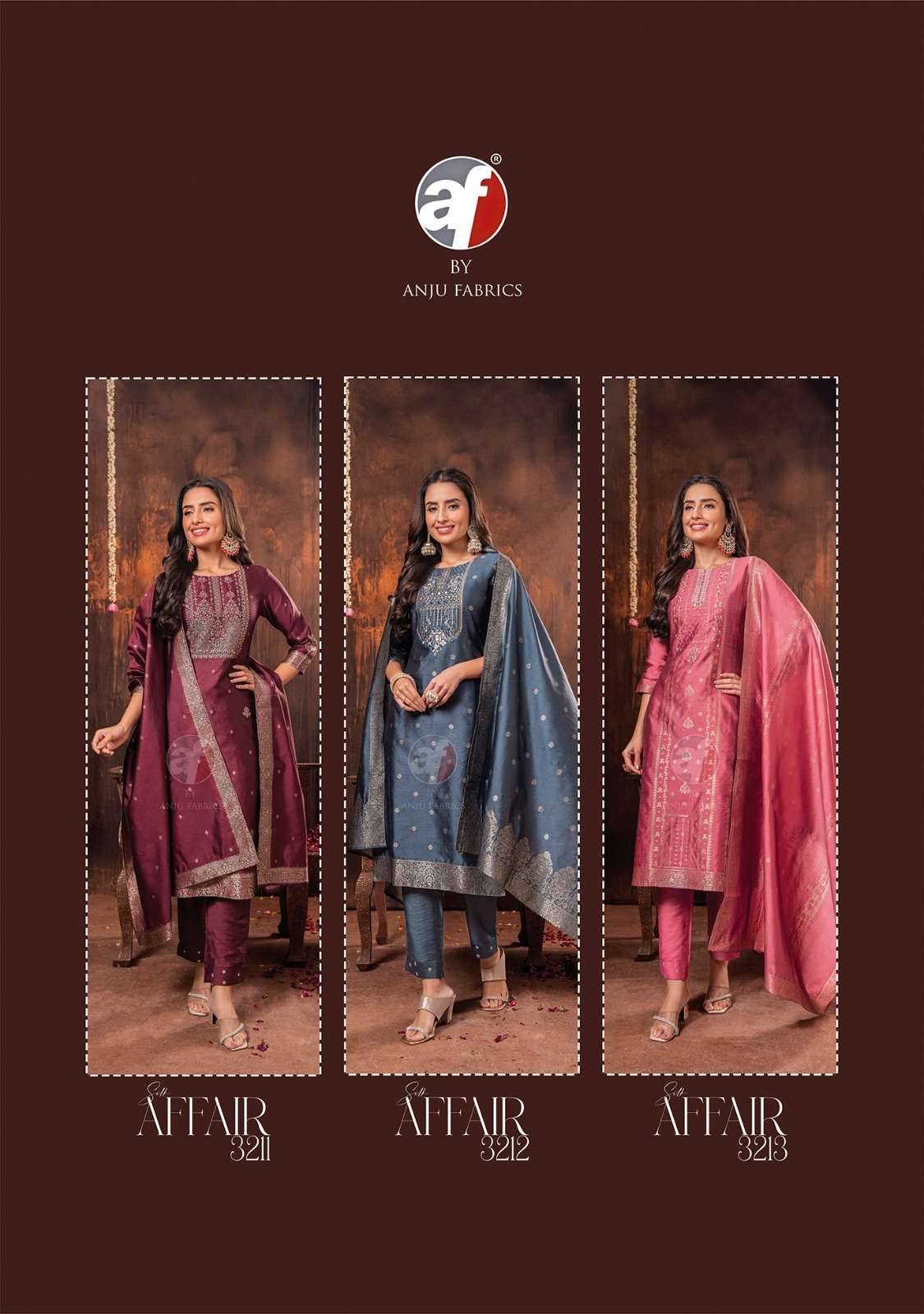 anju fabrics silk affair vol-2 3211-3216  series latest designer festive wear salwar kameez set wholesaler surat gujarat