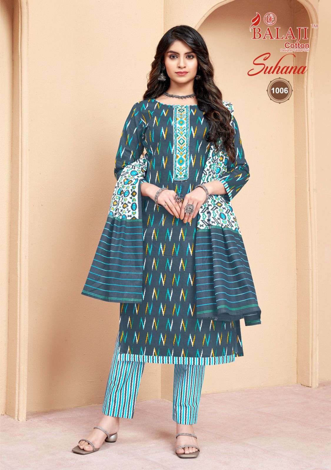 balaji cotton suhana material 1001-1008 series latest designer cotton salwar kameez wholesaler surat gujarat
