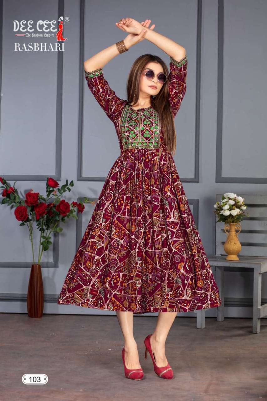deecee rasbhari 101-106 series latest designer fancy kurti wholesaler surat gujarat