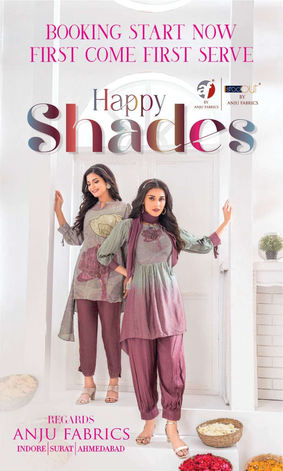 happy shades by anju fabrics 3401-3406 series designer look readymade collection wholesale price surat