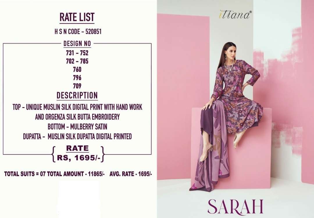 Itrana sarah catalog muslin silk designer salwar suits collection at wholesale price