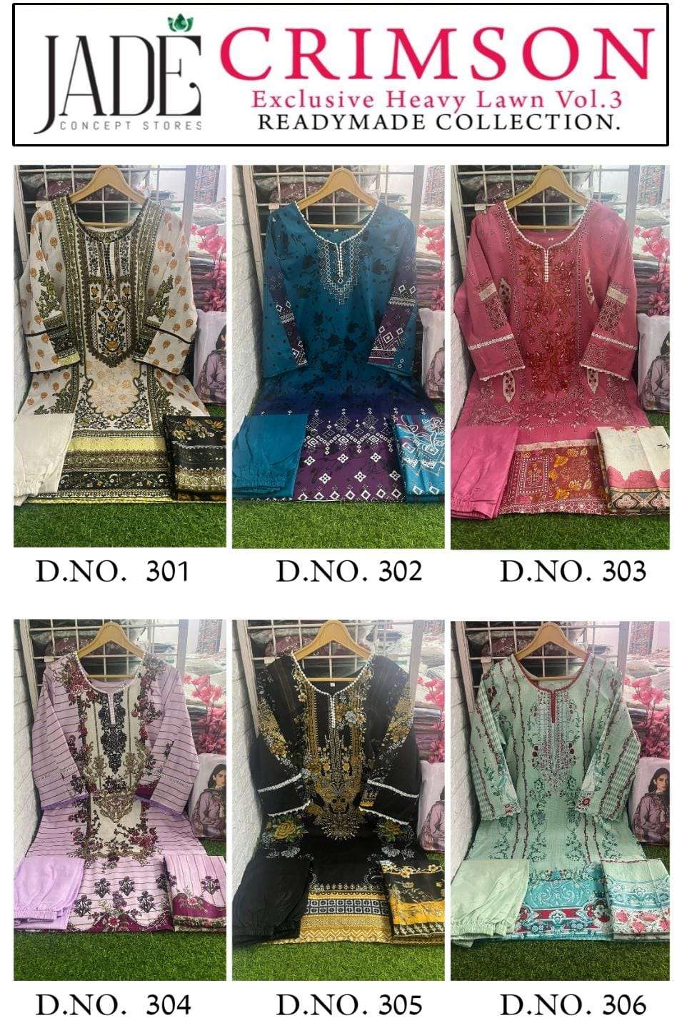 Jade crimson exclusive lawn collection vol-3 301-306 series cotton wedding Printed Pakistani Salwar Kameez Wholesale Price