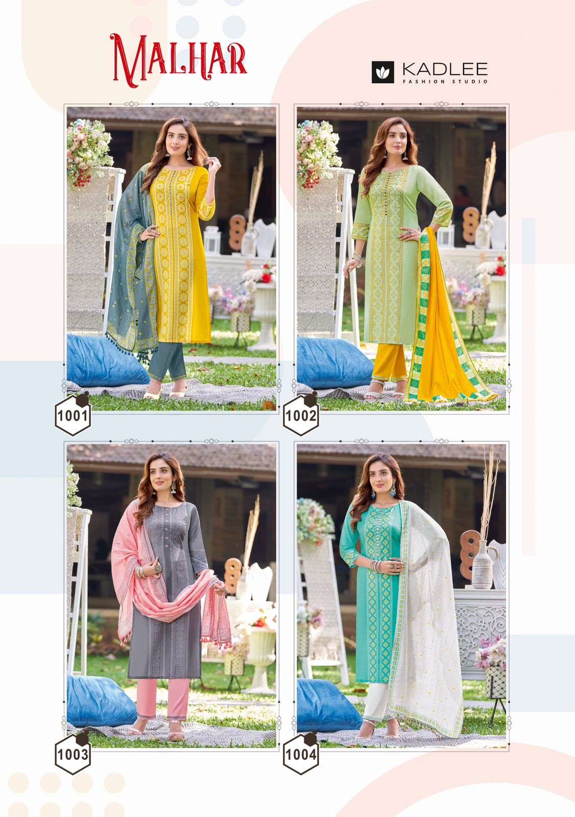 kadlee malhar 1001-1004 series rayon designer kurtis pant with dupatta set at wholesale price