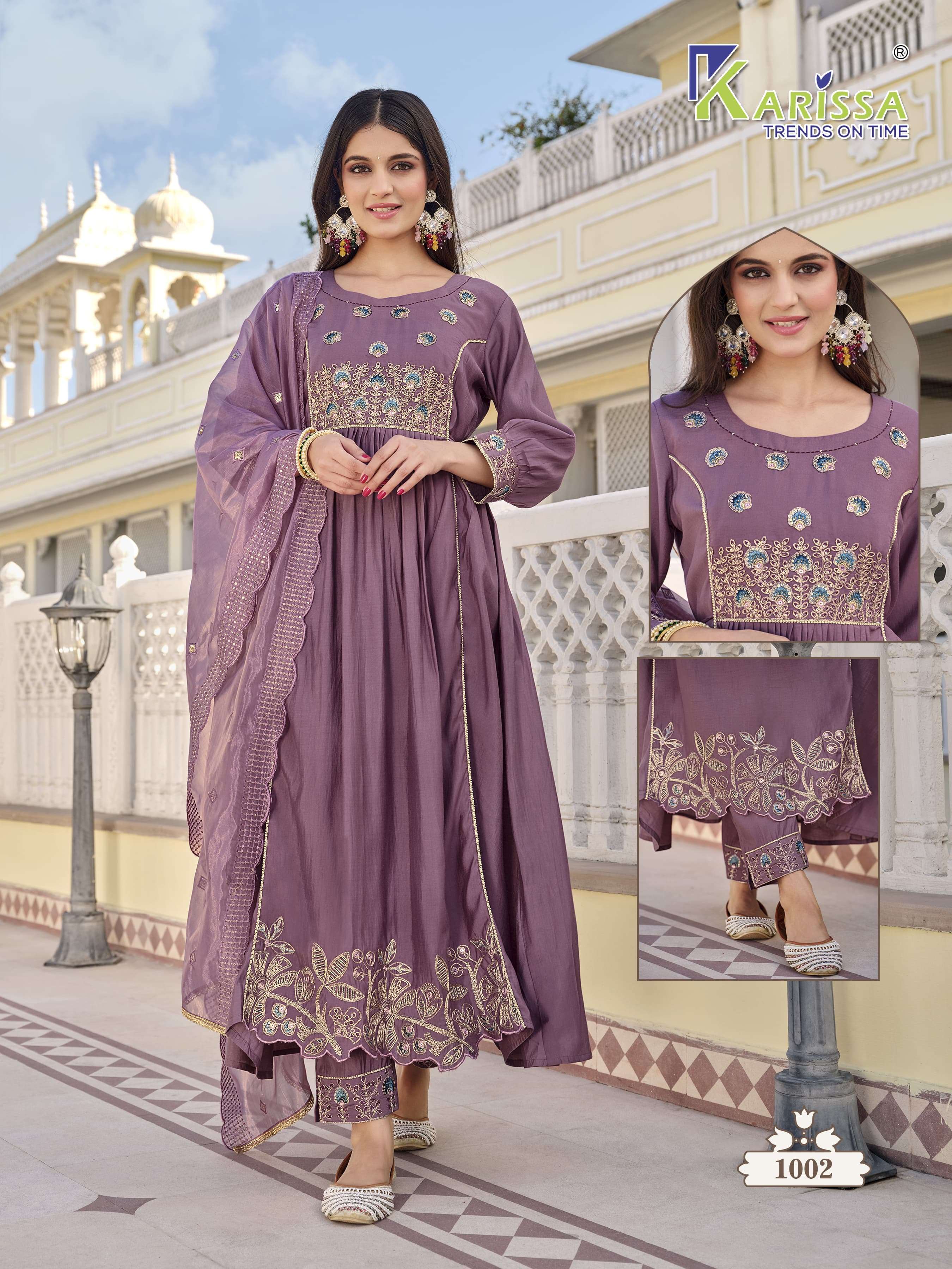 karissa trends kalisha 1001-1005 series designer party wear kurti set wholesaler surat gujarat