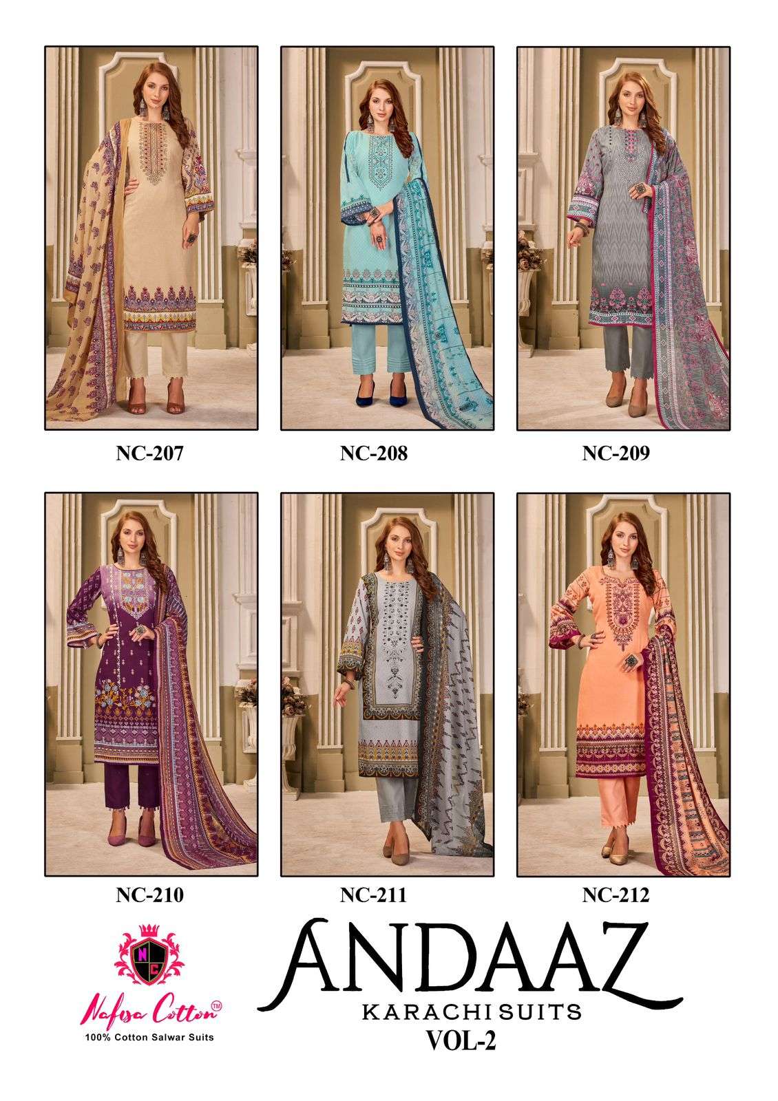 nafisha cotton andaaz karachi suits vol-2 207-212 series latest pakistani salwar kameez wholesaler surat gujarat