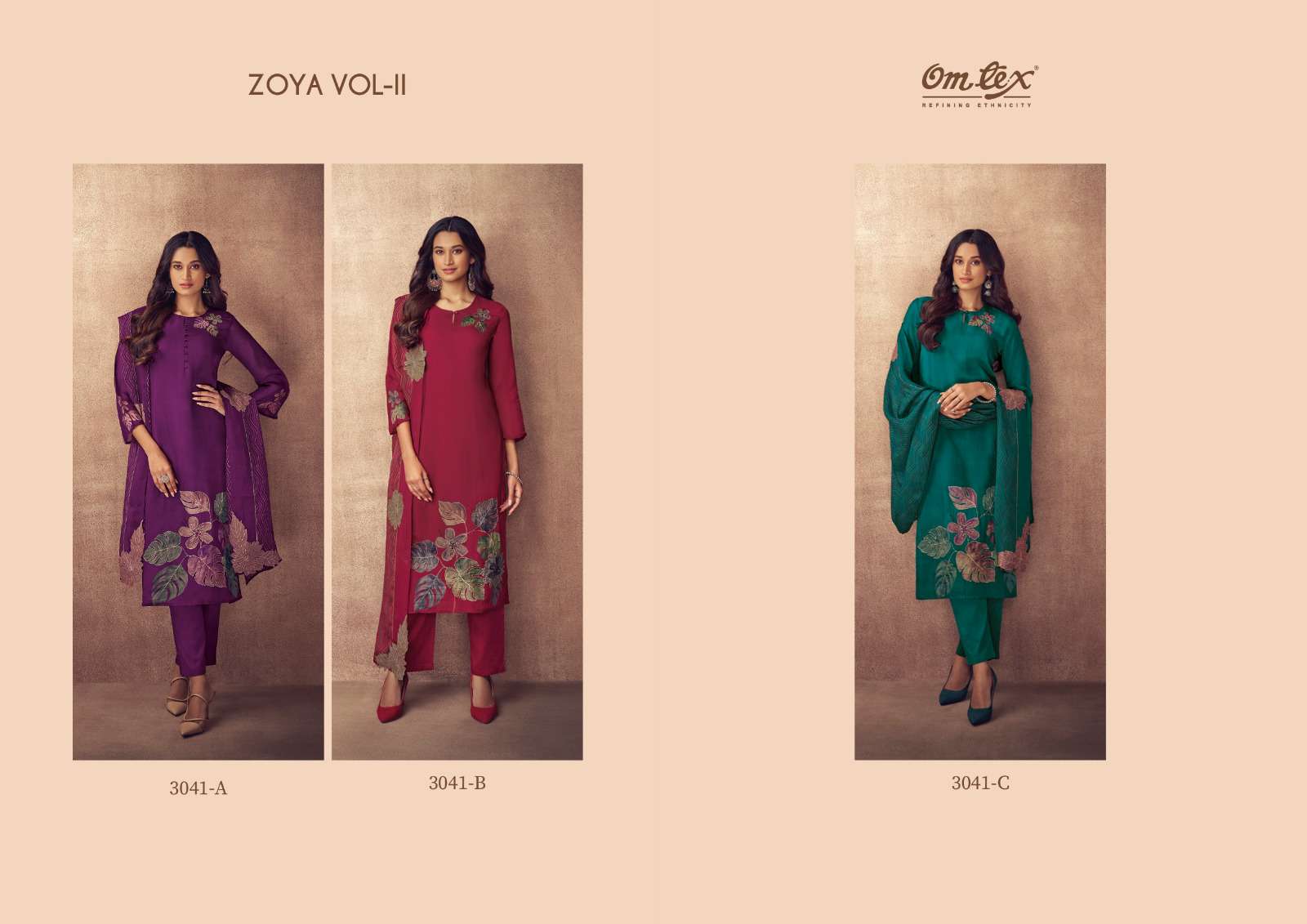 om tex zoya vol-2 3041 colour series latest designer wedding wear muslin salwar kameez wholesale price surat