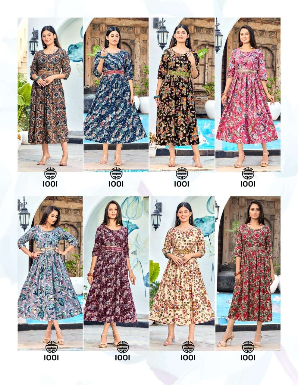 paavi rayon belt 1001-1008 series latest designer floor length kurti wholesaler surat gujarat