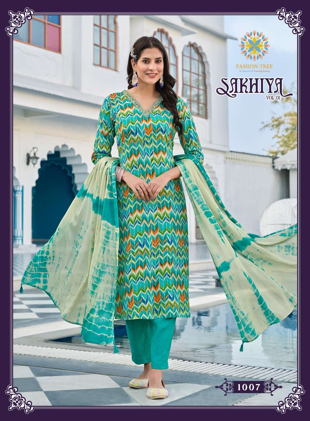 passion tree sakhiya vol-1 1001-1008 series rayon designer kurtis pant with dupatta set at wholesale price
