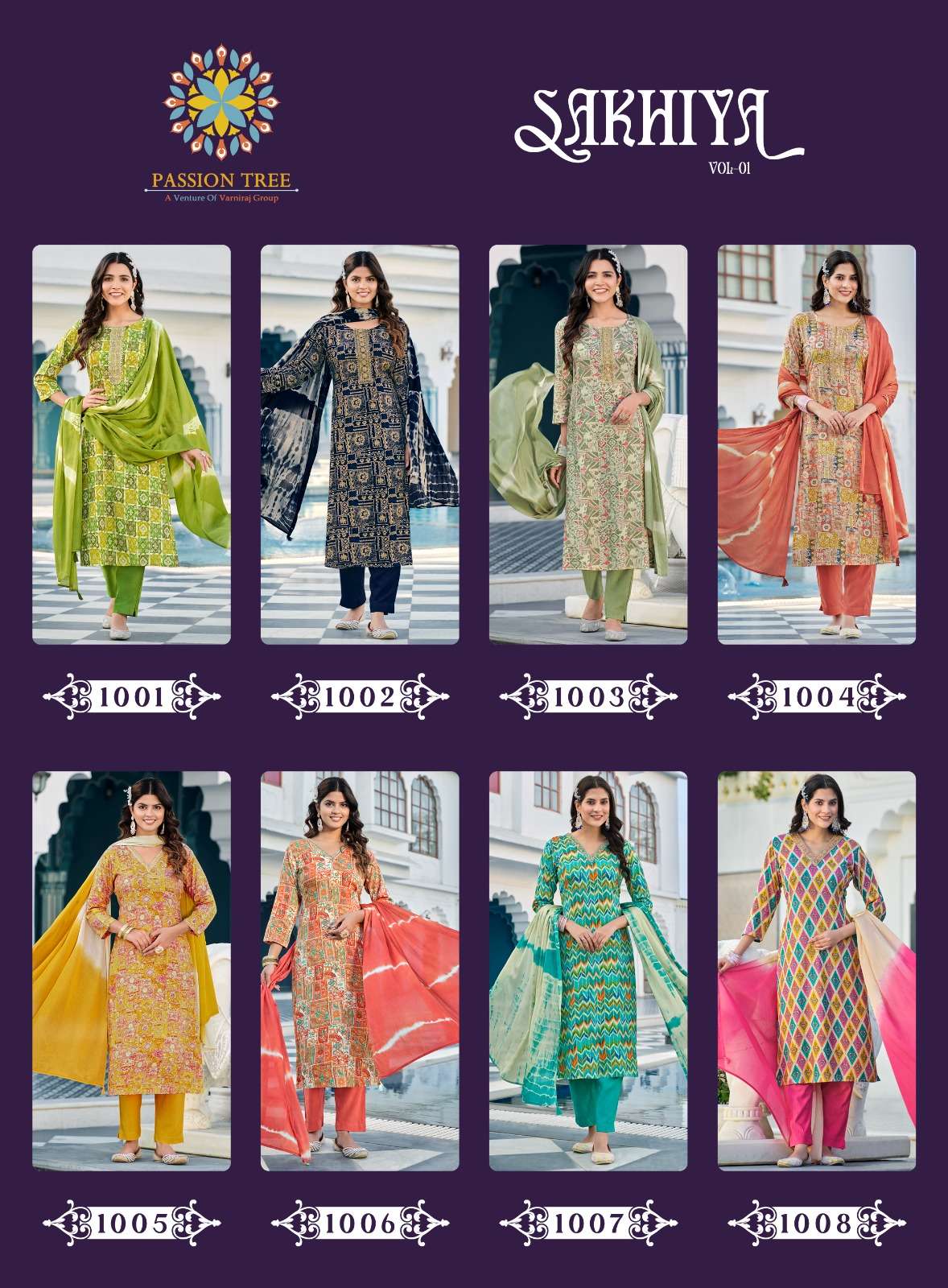 passion tree sakhiya vol-1 1001-1008 series rayon designer kurtis pant with dupatta set at wholesale price
