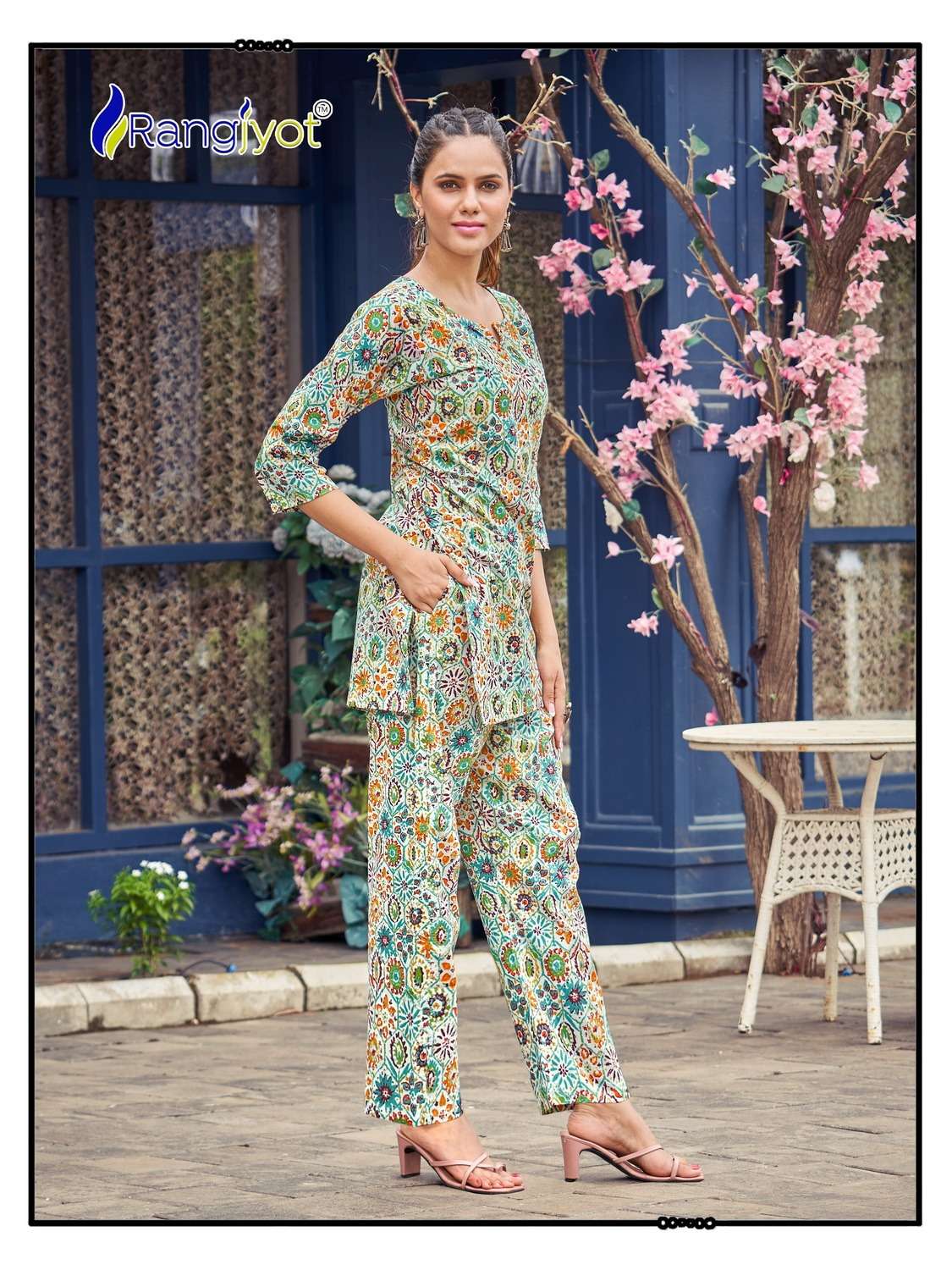 rangjyot cotton naya 1001-1006 series designer fancy top and pant set wholesaler surat gujarat