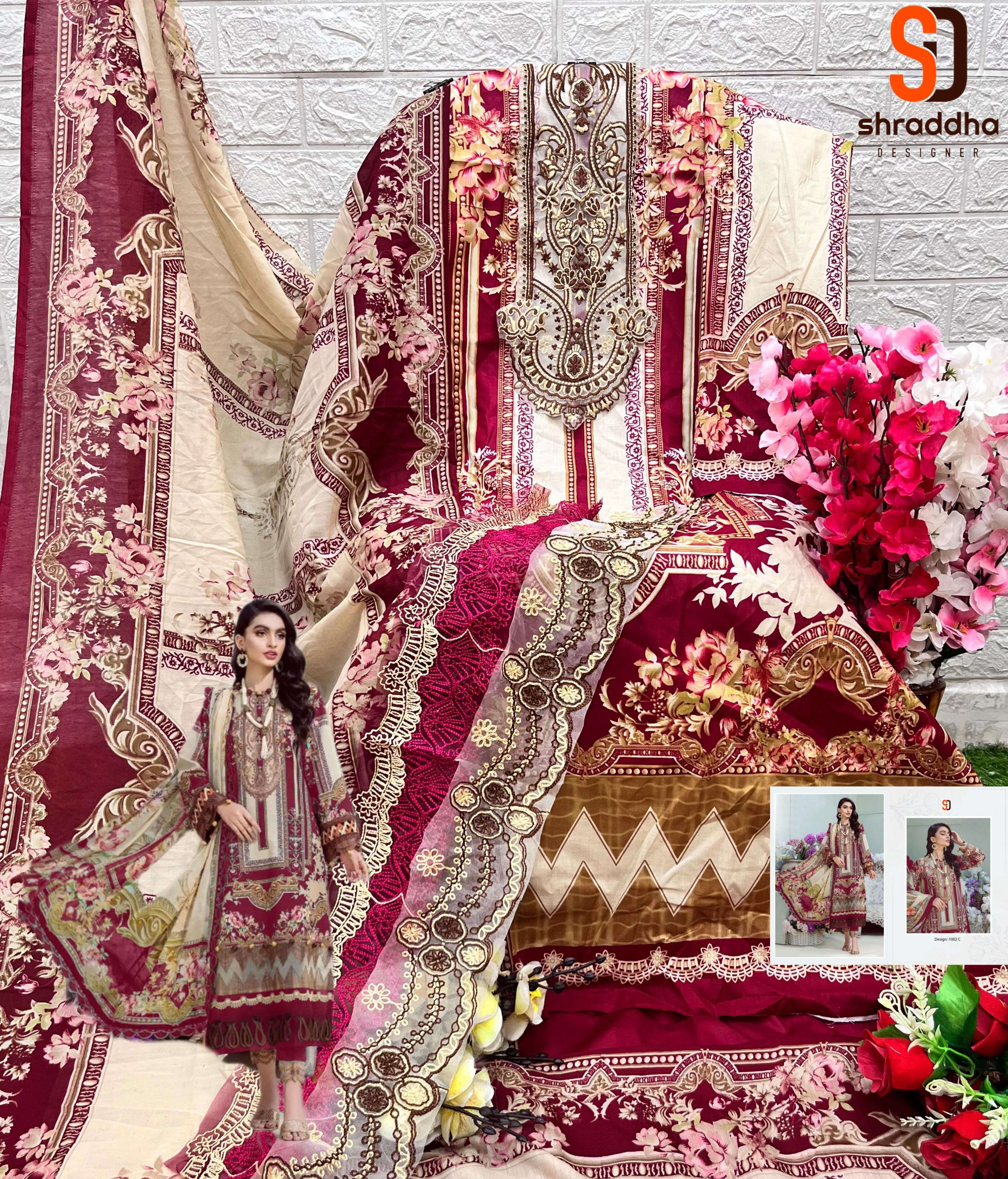 shraddha designer bliss vol-3 3001-3004 series latest pakistani cotton dupatta salwar kameez wholesaler