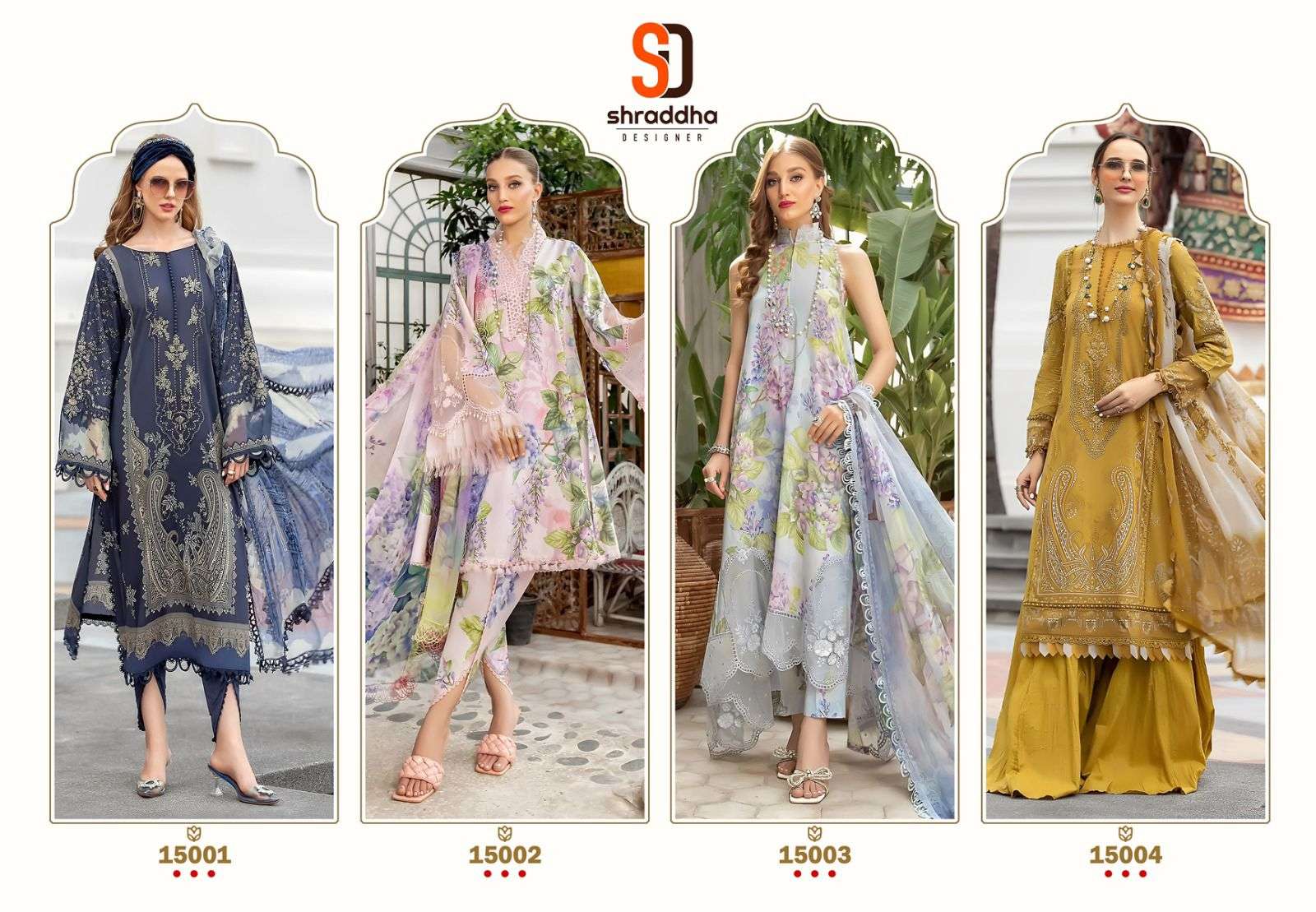 shraddha designer m print vol-15 15001-15004 series latest pakistani salwar kameez wholesaler 