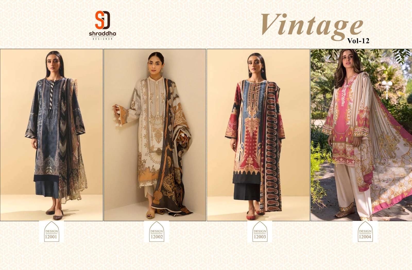 shraddha designer vintage vol-12 12001-12004 series latest pakistani cotton dupatta salwar kameez wholesaler