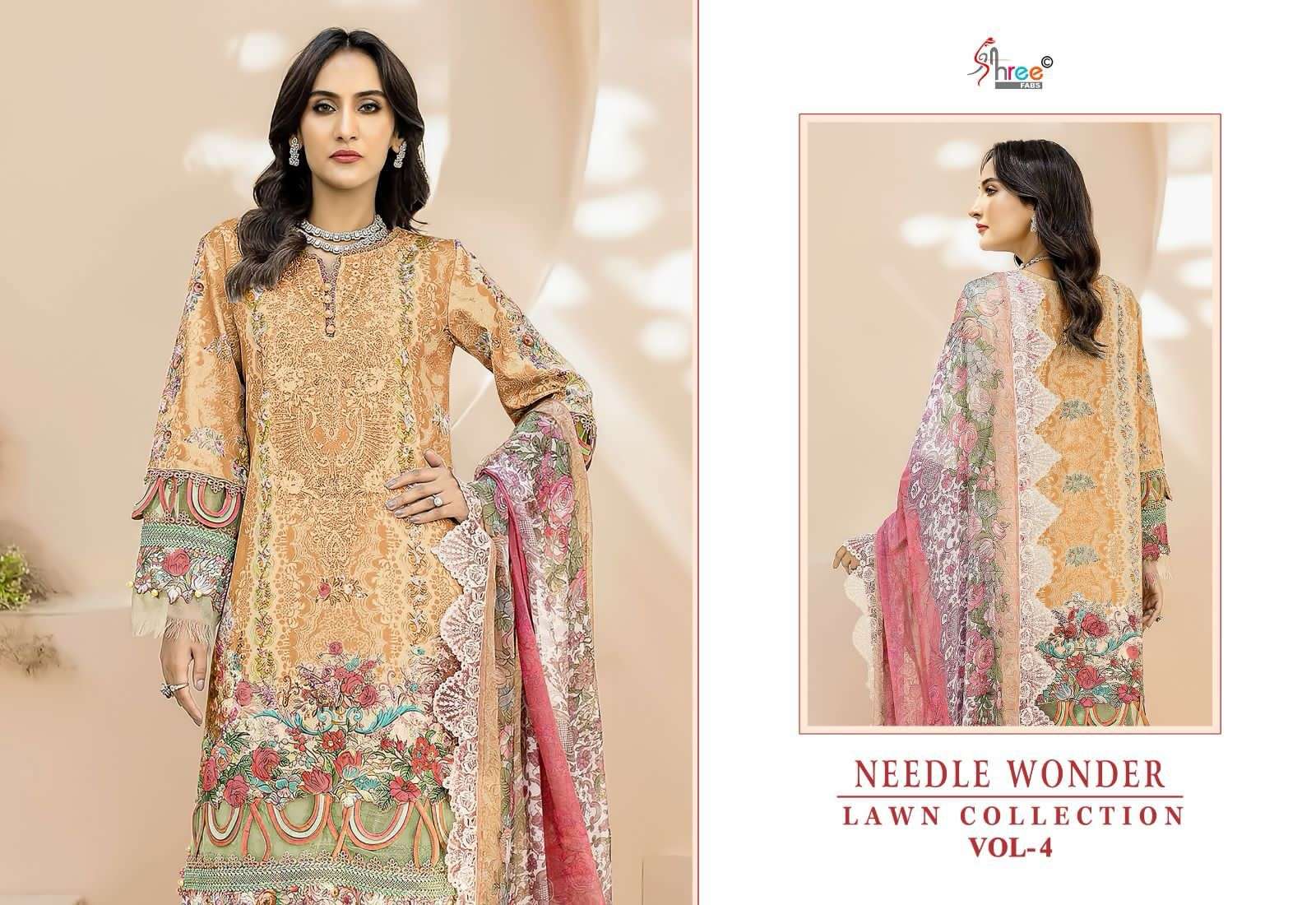 shree fabs lawn collection vol-4 3384-3389 series designer partywear pakistani suit wholesaler surat gujarat