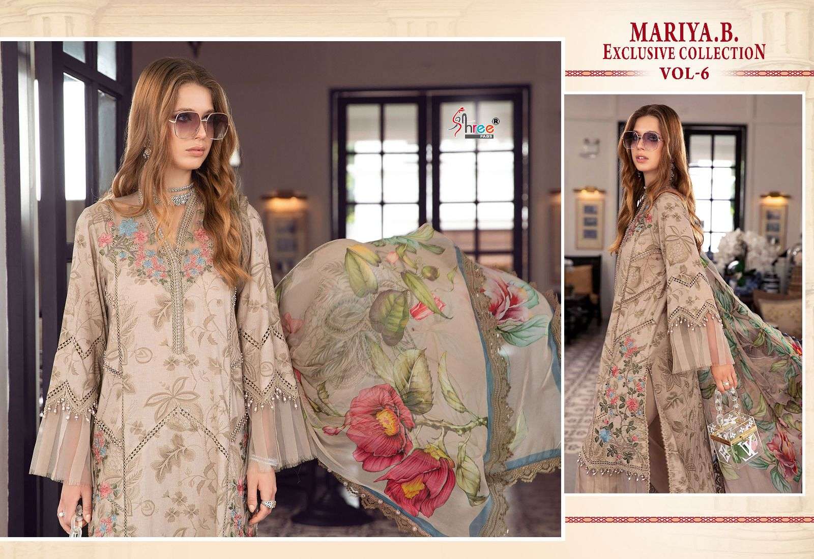 shree fabs maria b exclusive collection vol-6 3298-3305 series designer cotton dupatta wedding wear pakistani suit wholesaler surat gujarat