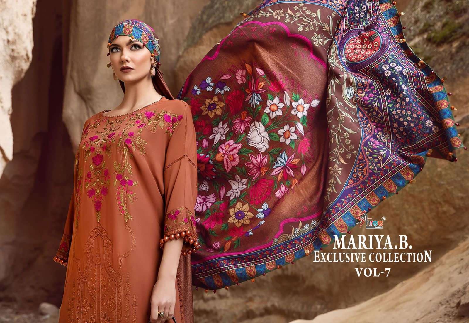 shree fabs maria b exclusive collection vol-7 3356-3600 series latest pakistani wedding wear cotton dupatta salwar kameez wholesaler surat gujarat