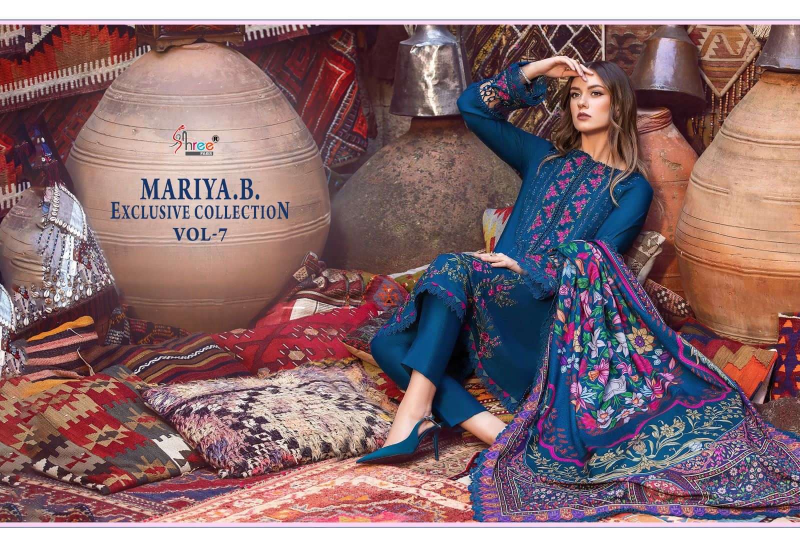 shree fabs maria b exclusive collection vol-7 3356-3600 series latest pakistani wedding wear cotton dupatta salwar kameez wholesaler surat gujarat