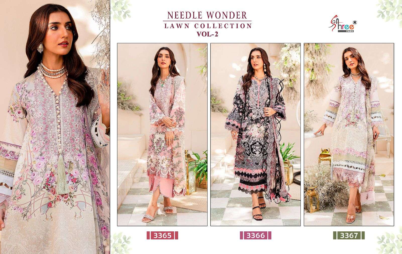 shree fabs needle wonder lawn collecrion vol-2 3365-3367 series designer wedding wear pakistani cotton dupatta suit at wholesaler surat gujarat