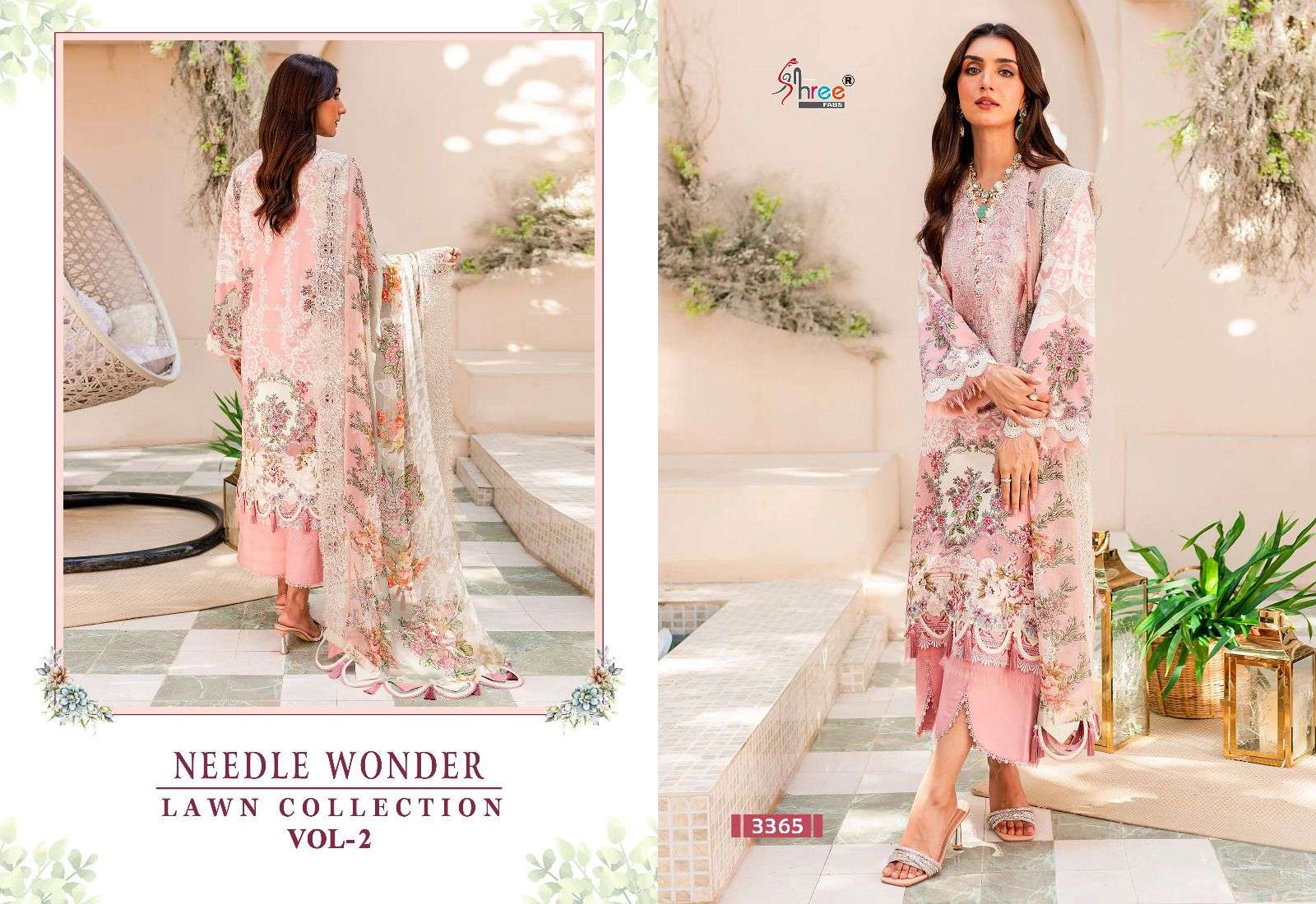 shree fabs needle wonder lawn collecrion vol-2 3365-3367 series designer wedding wear pakistani cotton dupatta suit at wholesaler surat gujarat