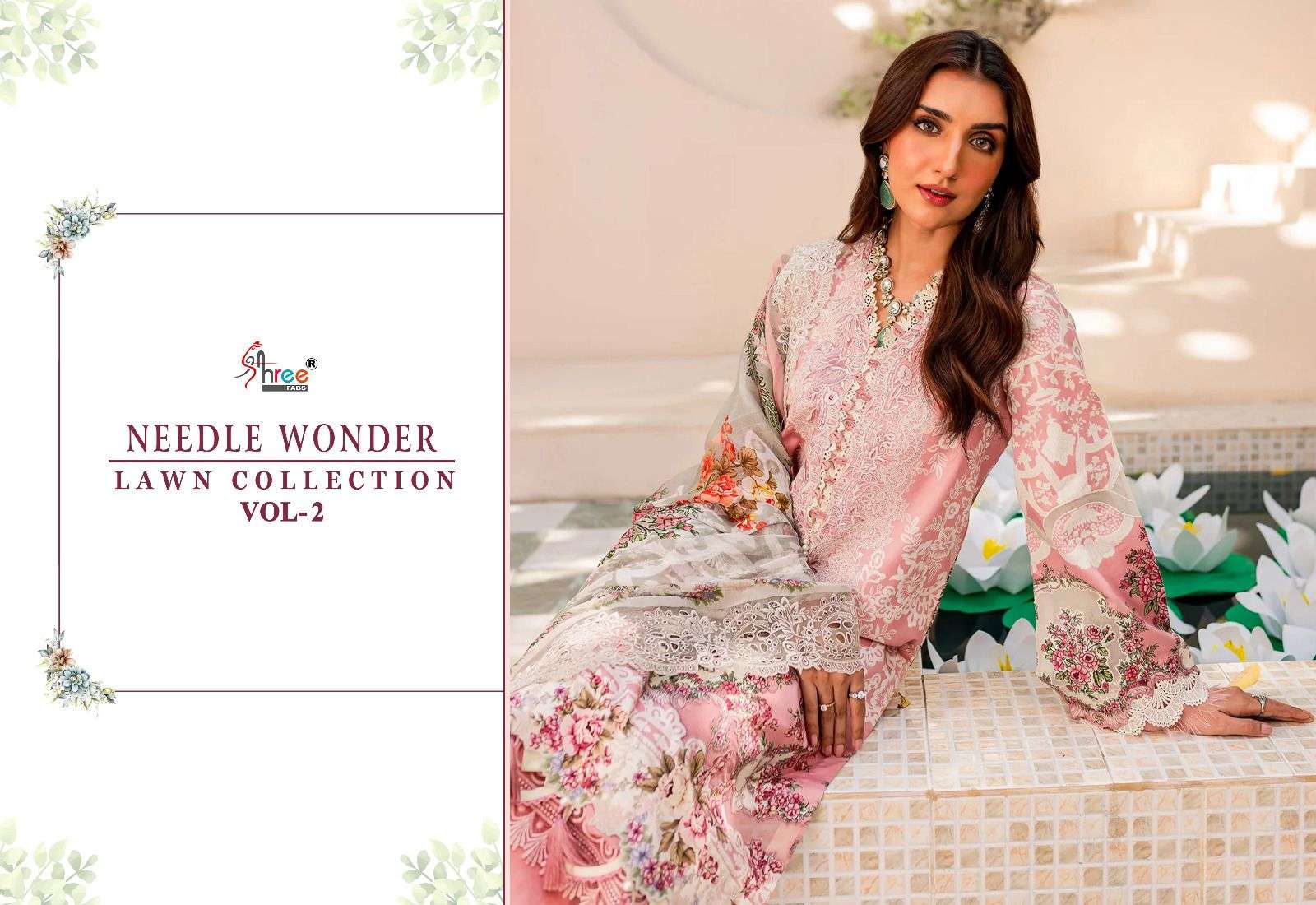 shree fabs needle wonder lawn collecrion vol-2 3365-3367 series designer wedding wear pakistani suit wholesaler surat gujarat