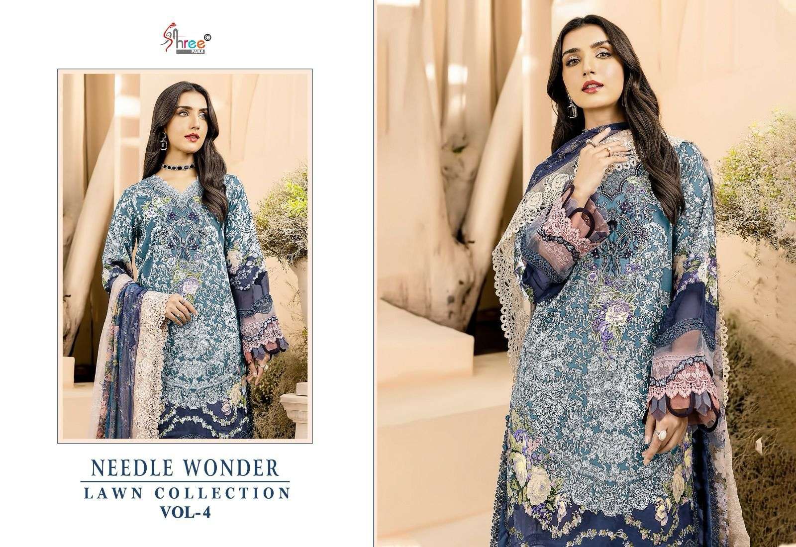 shree fabs needle wonder lawn collecrion vol-4 3384-3389 series designer wedding wear pakistani cotton dupatta suit at wholesaler surat gujarat