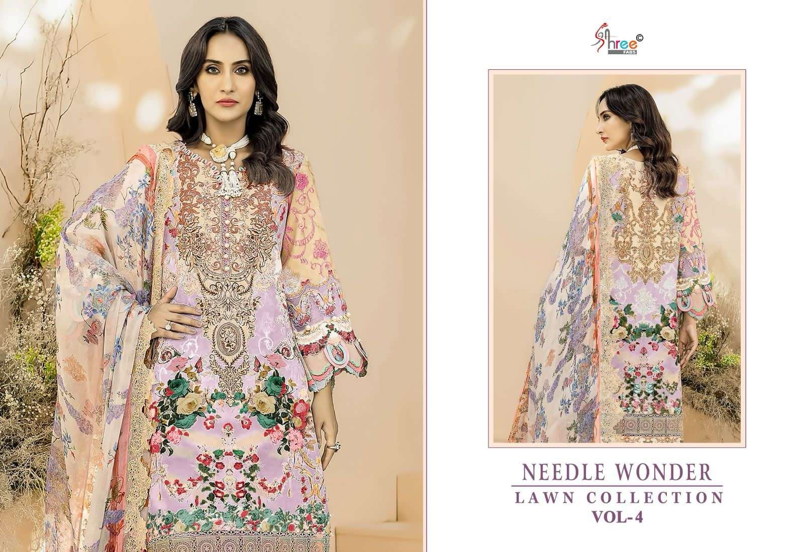 shree fabs needle wonder lawn collecrion vol-4 3384-3389 series designer wedding wear pakistani cotton dupatta suit at wholesaler surat gujarat
