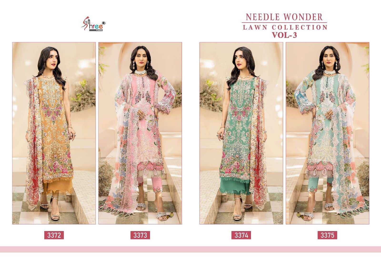 shree fabs needle wonder lawn collection vol-3 3372-3375 series designer wedding wear pakistani suit wholesaler surat gujarat