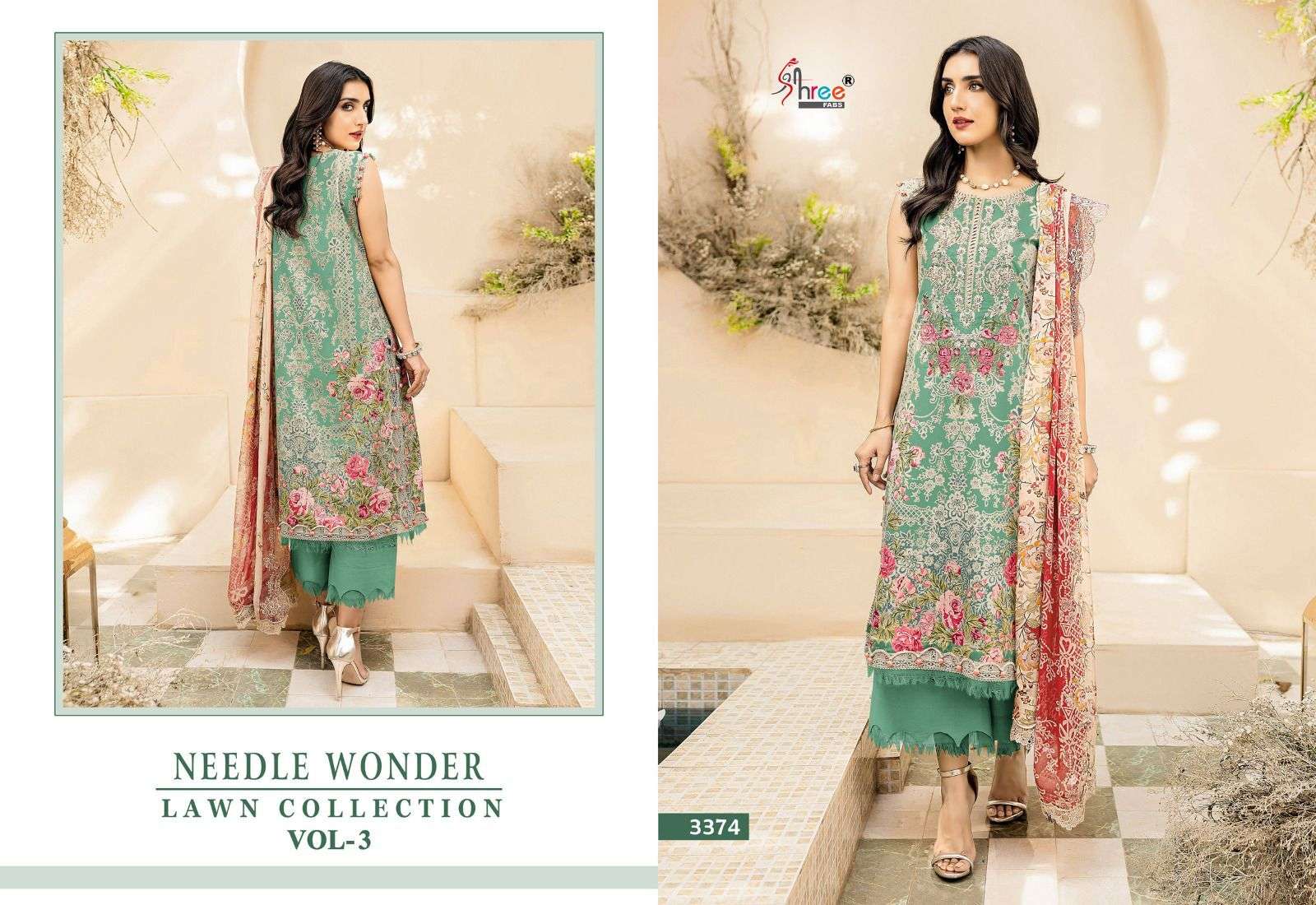 shree fabs needle wonder lawn collection vol-3 3372-3375 series designer wedding wear pakistani suit wholesaler surat gujarat