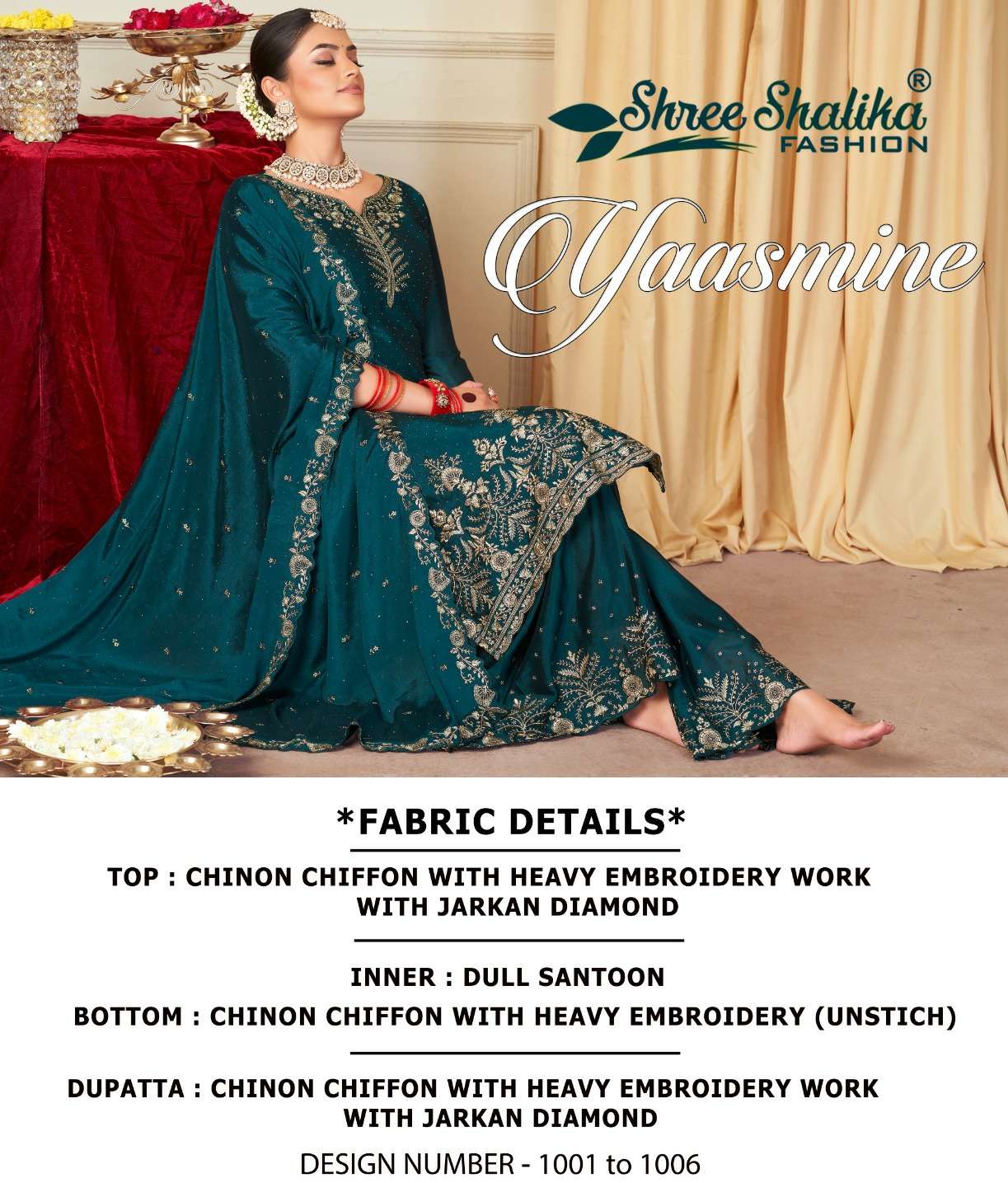 shree shalika fashion yaasmine 1001-1006 series latest designer salwar kameez wholesaler surat