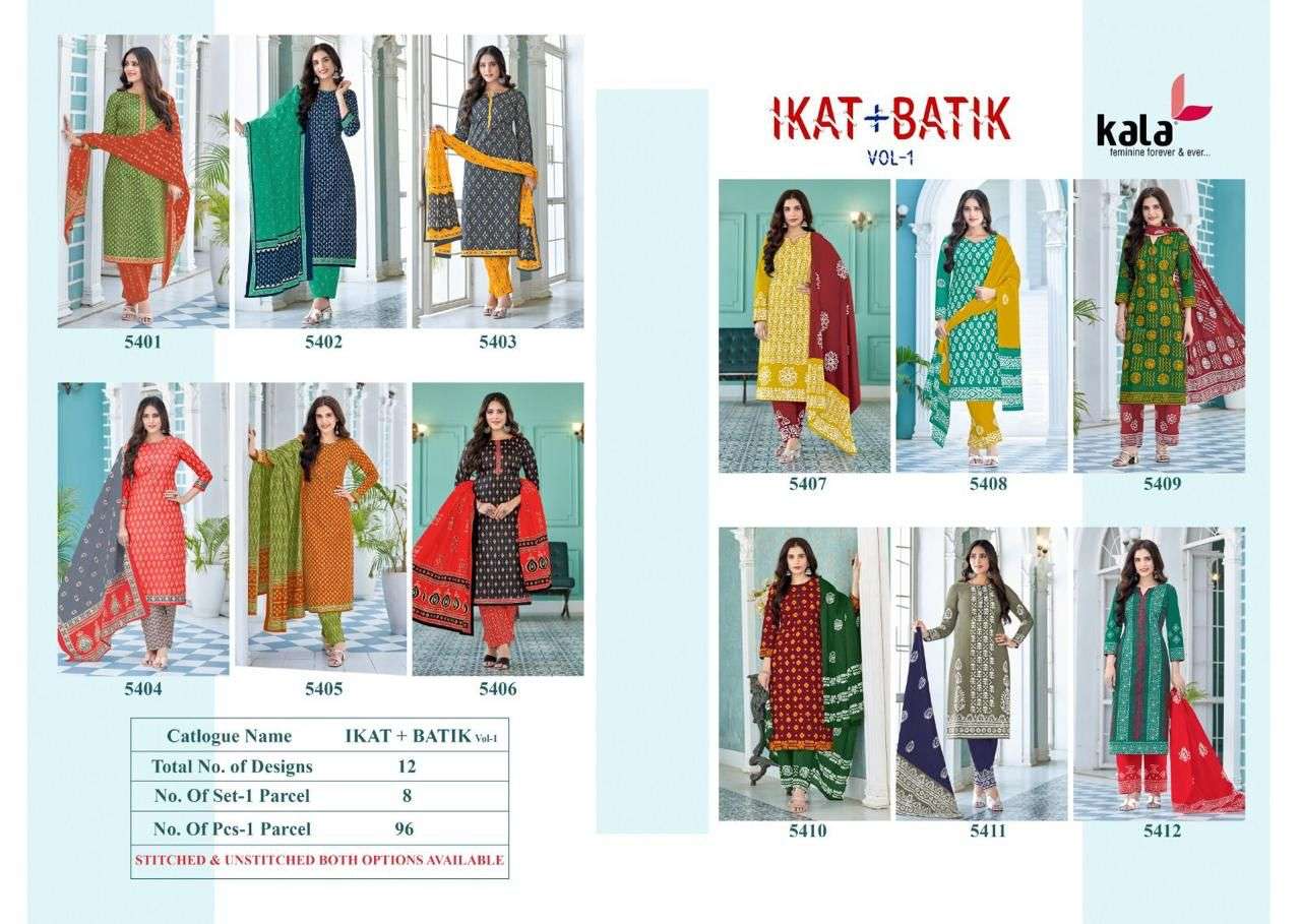 tarika creation kala batik+ikkat 5401-5412 series designer wedding wear salwar kameez wholesaler surat gujarat