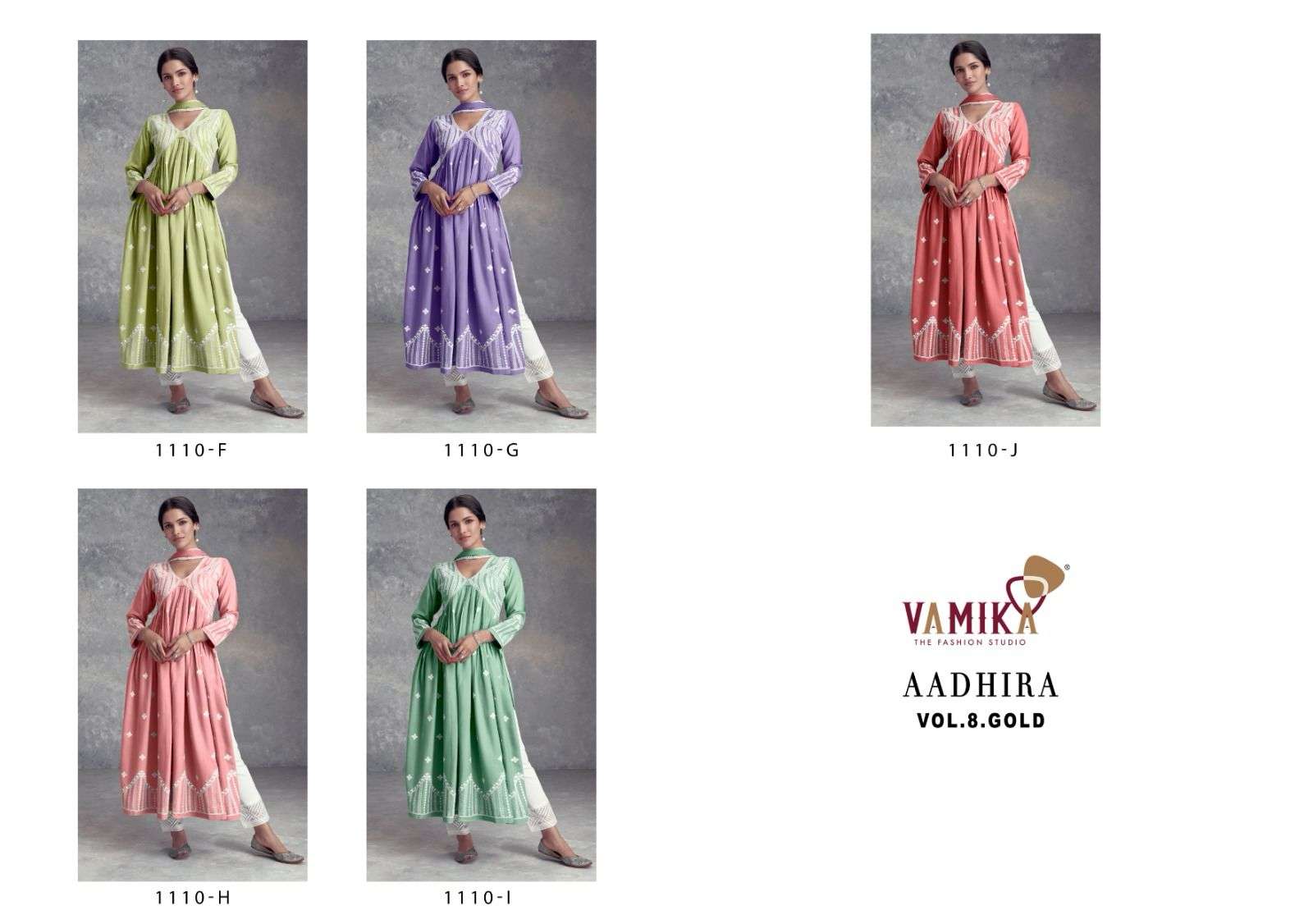 Vamika aadhira vol-8 gold 1110 colours rayon viscose work kurtis pant with dupatta set at wholesale price