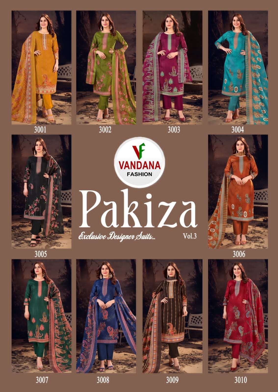 vandana fashion pakiza vol-3 3001-3010 series latest straight cut salwar kameez wholesaler surat gujarat