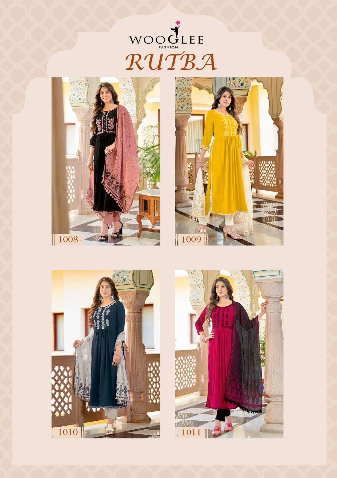 wooglee fashion rutba 1008-1011 series latest designer kurti set wholesaler surat gujarat