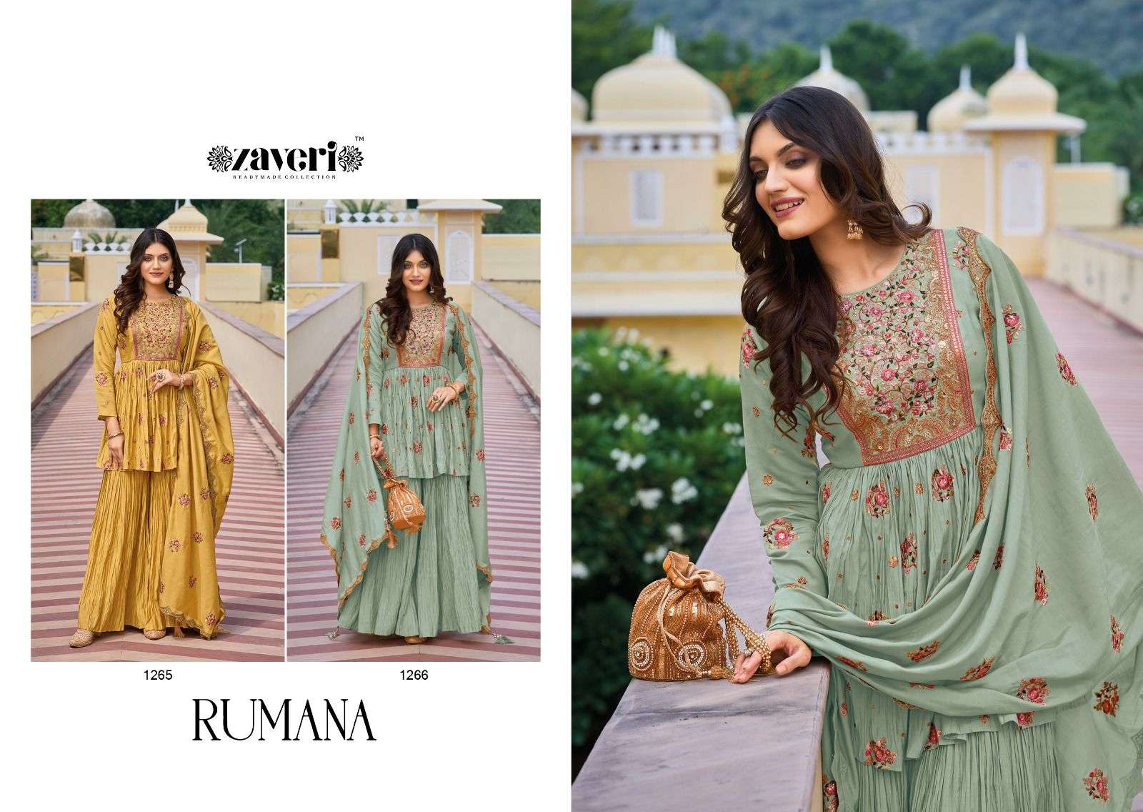 zaveri rumana 1265-1266 series designer trendy sharara salwar kameez wholesaler surat gujarat