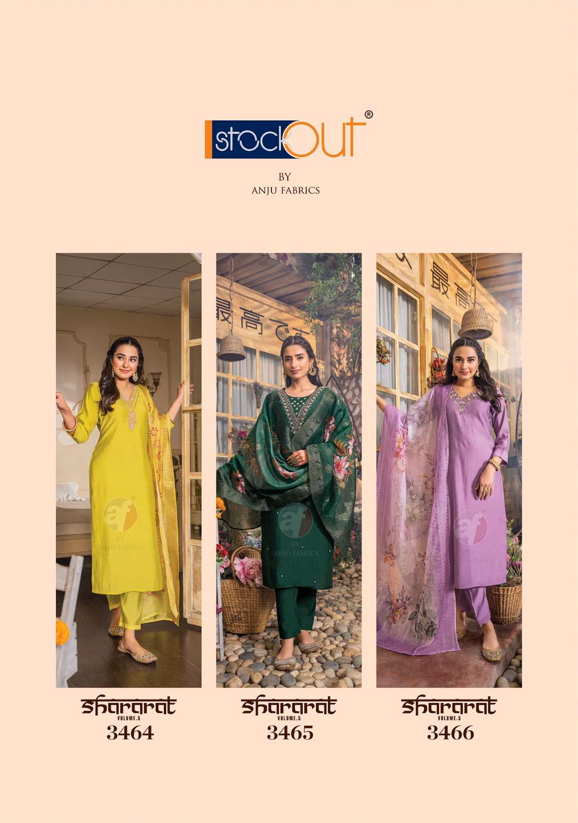 anju fabrics shararat vol-5 3461-3466 series designer trendy kurti wholesaler surat