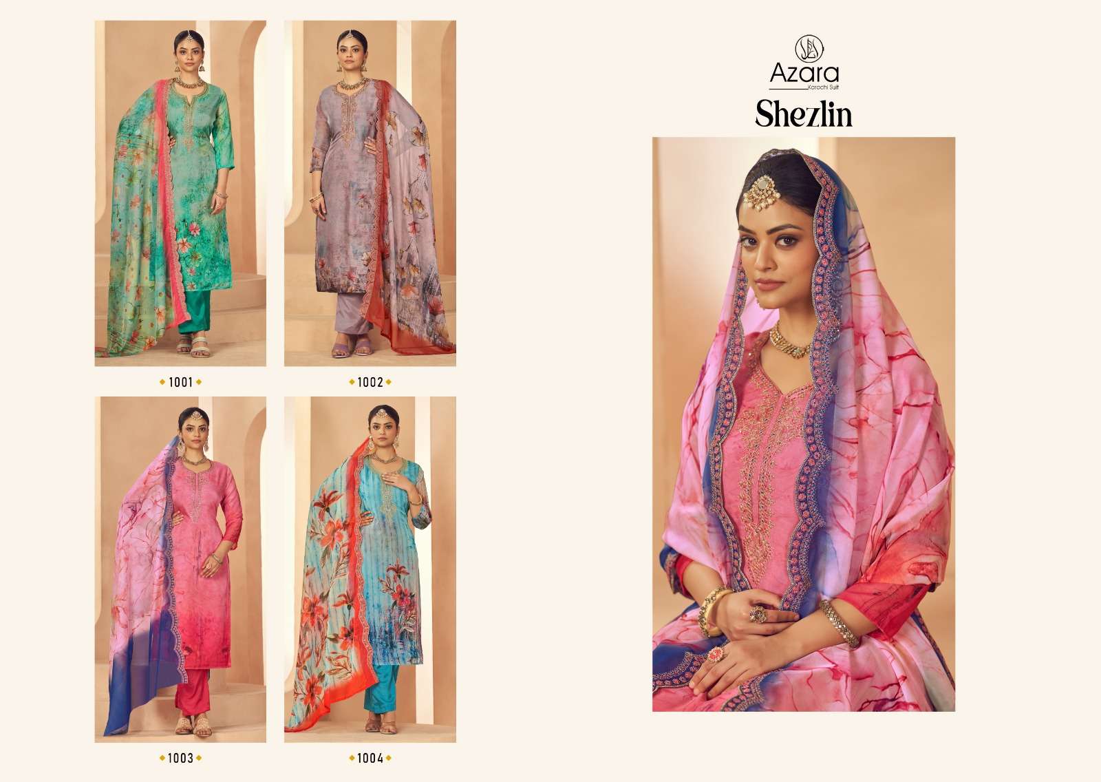 azara shezlin 1001-1004 series designer party wear pakistani salwar suit wholesaler surat