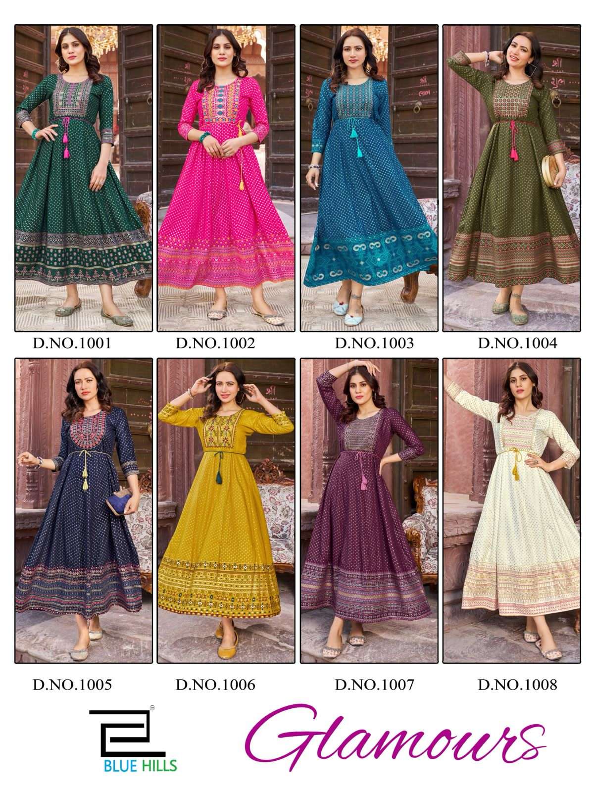 bluehills glamours 1001-1008 series latest fancy long kurti gown wholesaler surat gujarat