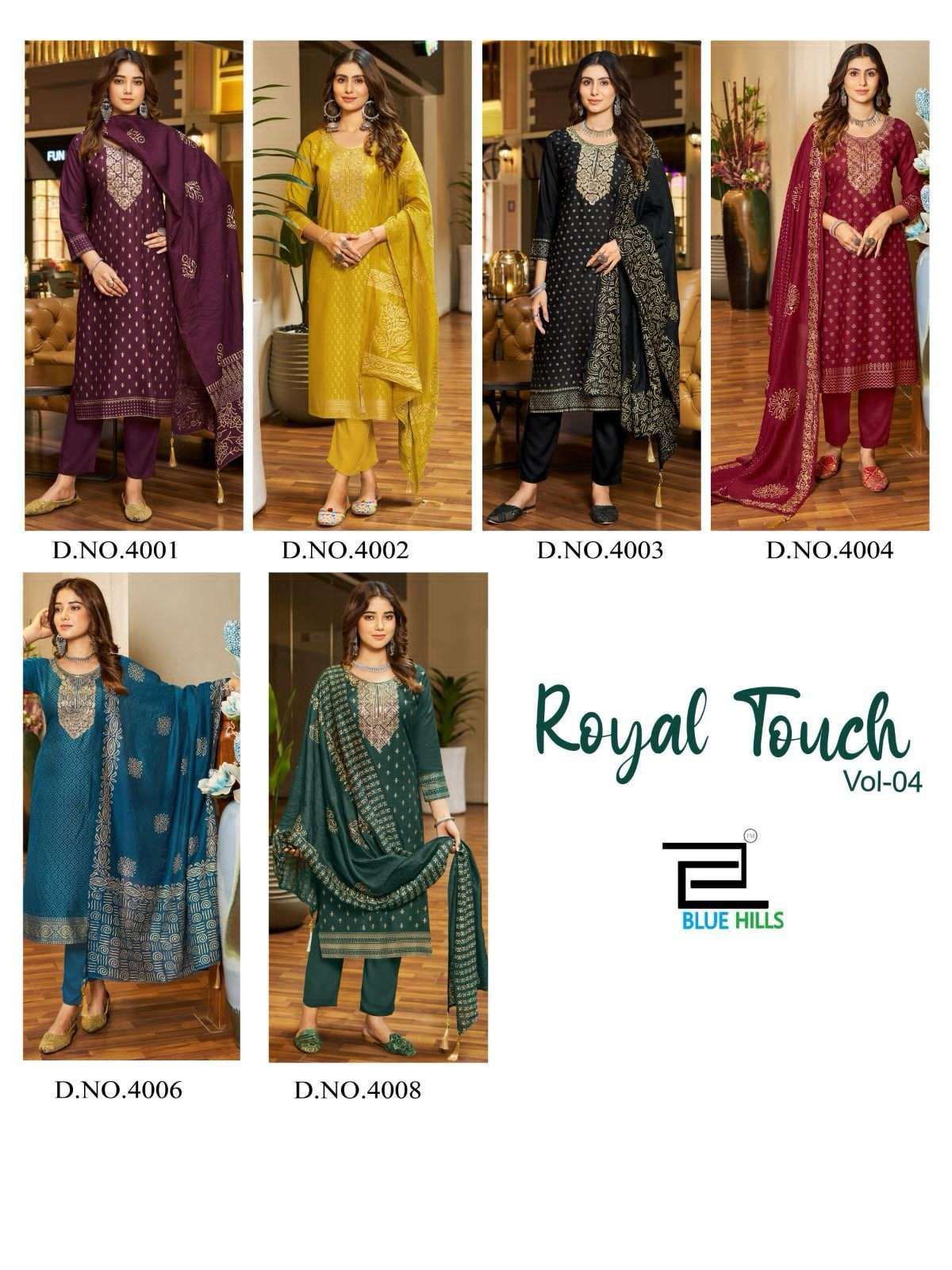 bluehills royal touch vol-4 4001-4006 series designer latest fancy kurti wholesaler surat gujarat