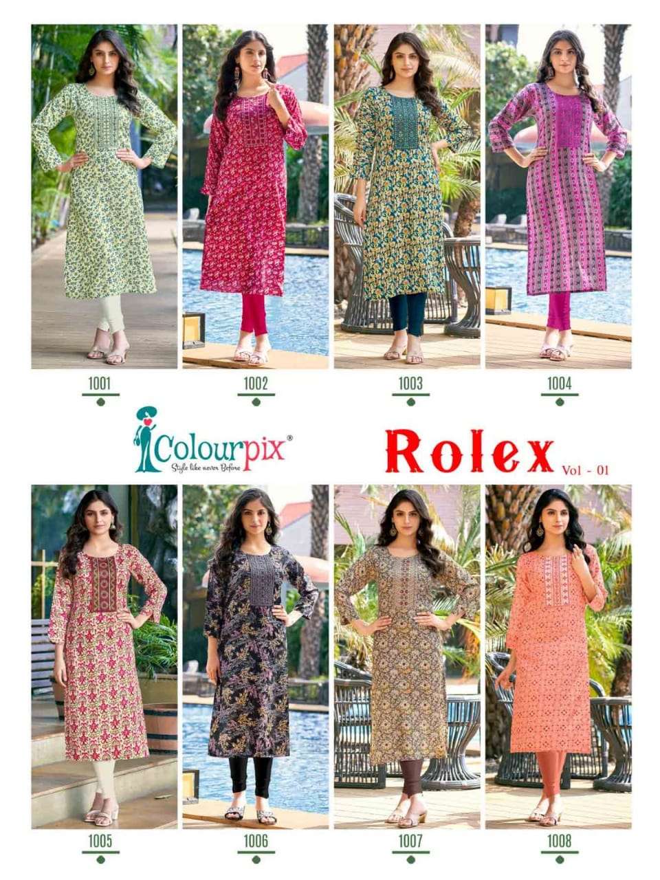 colourpix rolex vol-1 1001-1008 series latest designer kurti wholesaler surat gujarat