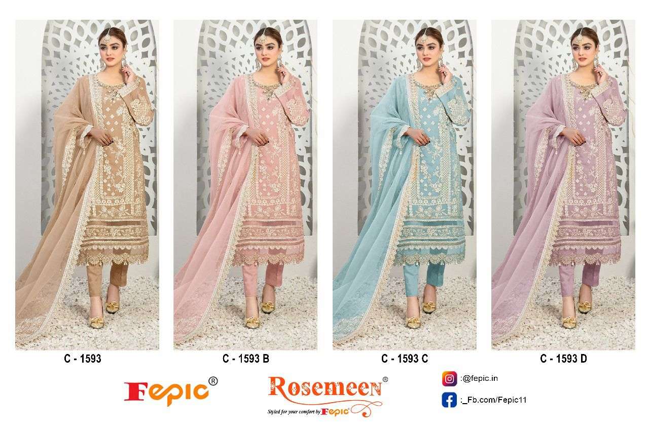 Fepic rosemeen 1593 colours organza designer pakistani suits collection wholesale price