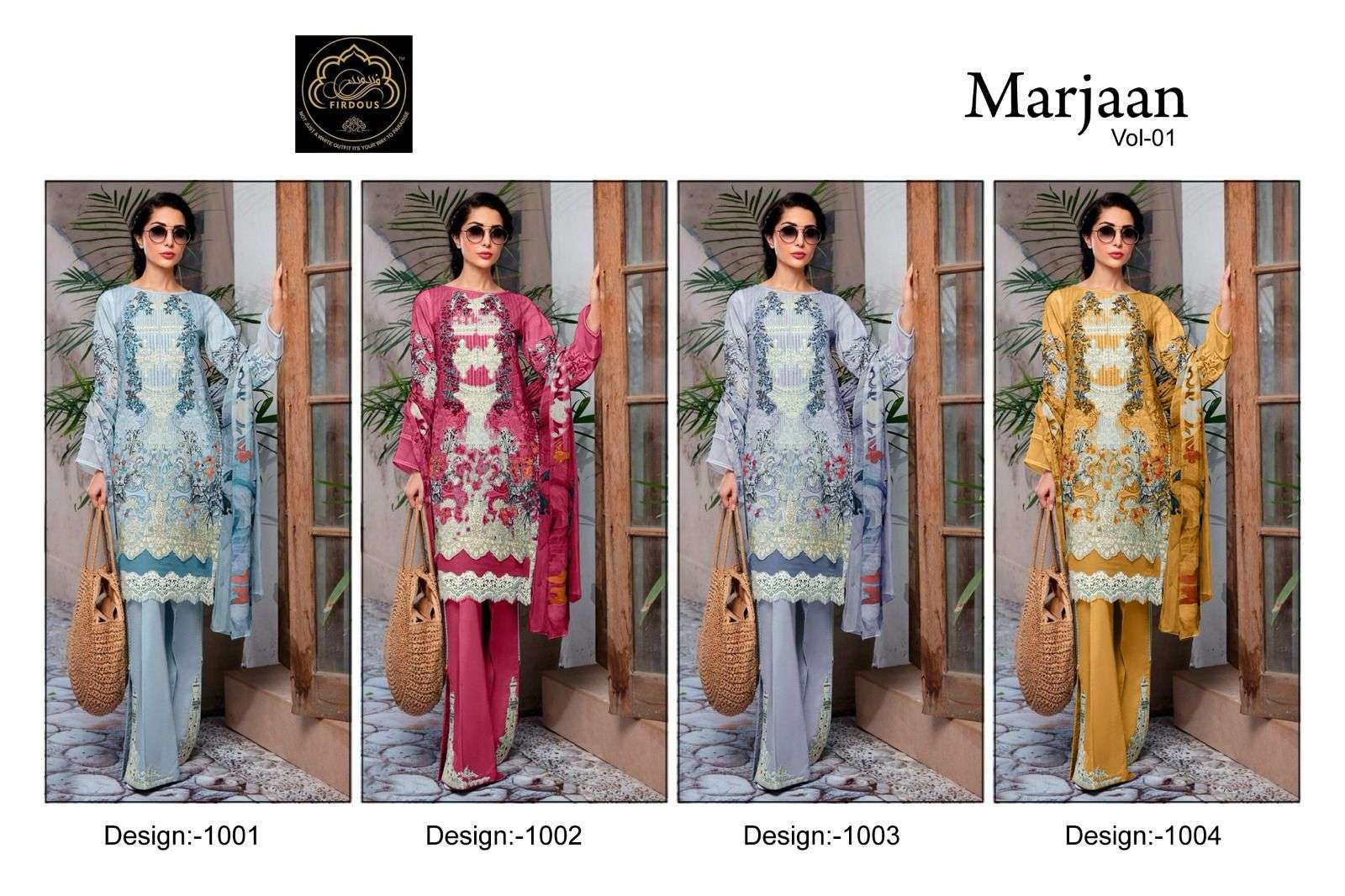 firdous marjaan vol-1 1001-1004 series latest designer party wear chiffon dupatta pakistani salwar suit with cotton dupatta wholesale price surat