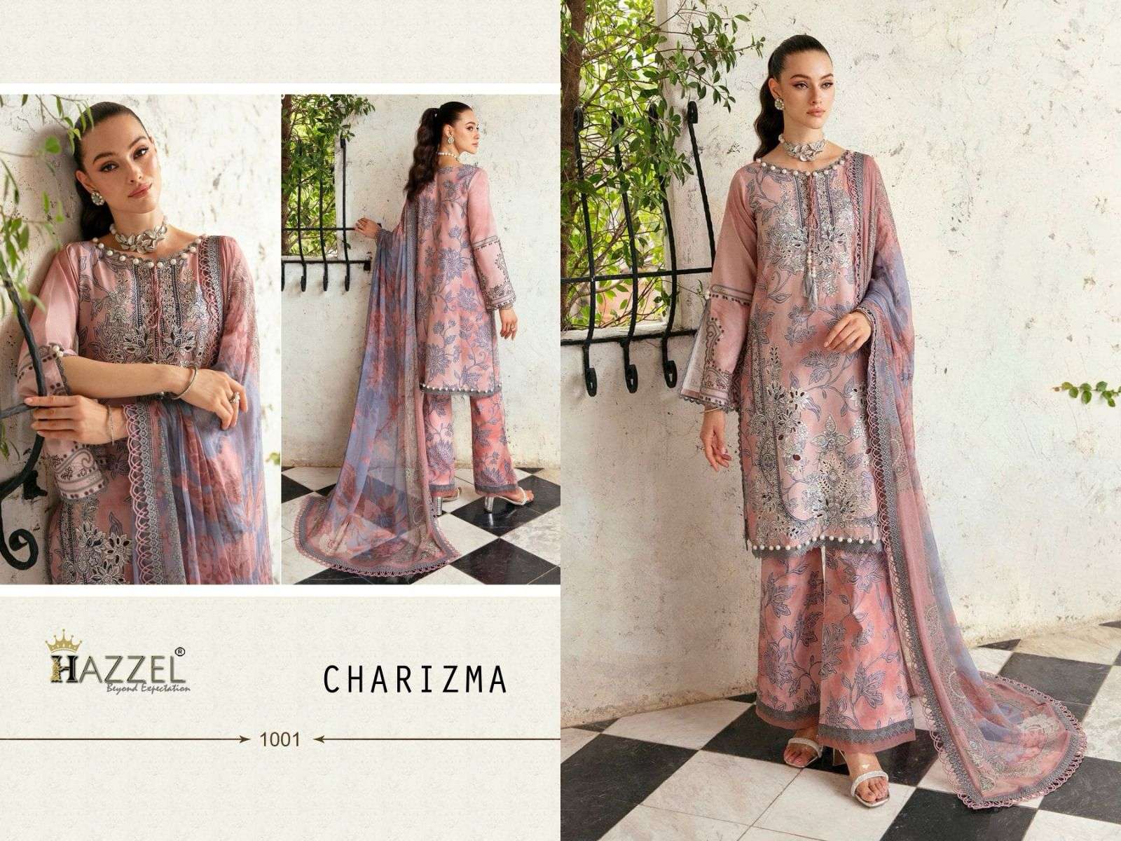 hazzle charizma luxury lawn collection 1001-1006 series designer festive special pakistani salwar kameez wholesaler surat gujarat