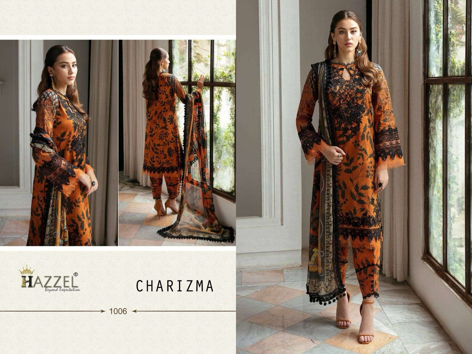 hazzle charizma luxury lawn collection 1001-1006 series designer festive special pakistani salwar kameez wholesaler surat gujarat