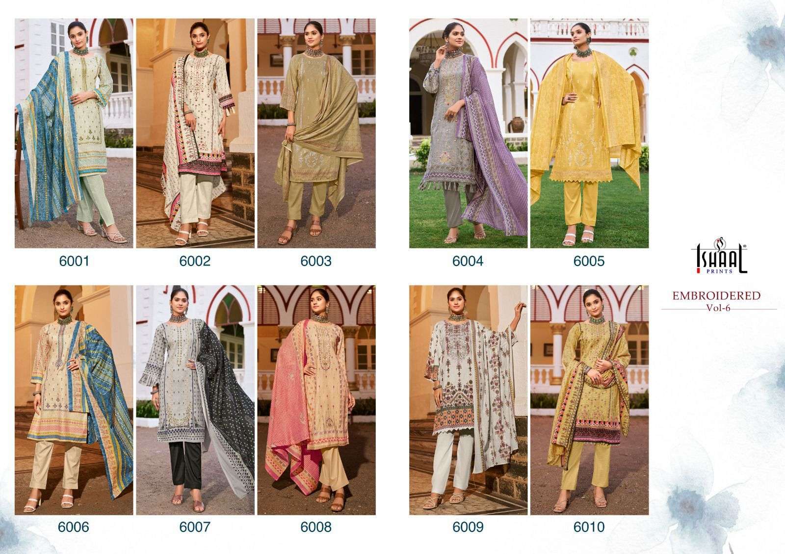 ishaal prints embroidered vol-6 6001-6010 series designer fancy salwar kameez wholesaler surat gujarat