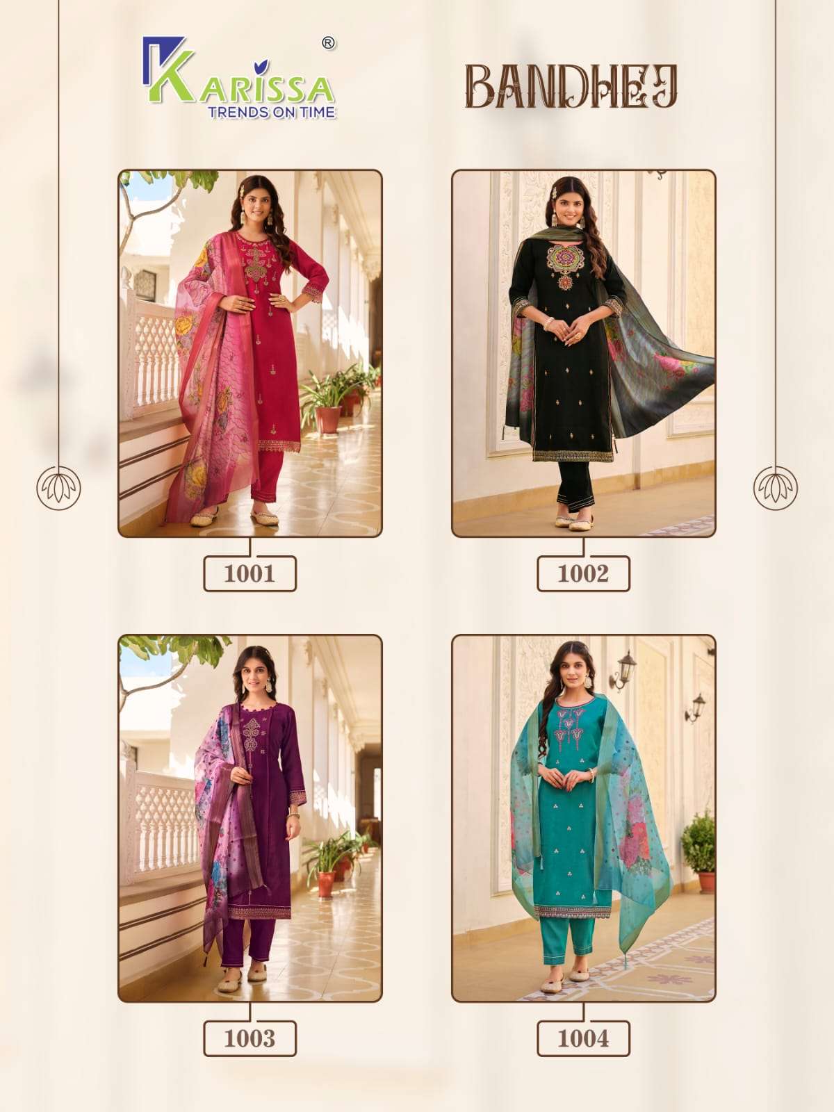 karissa trends bandhej 1001-1004 series designer party wear kurti set wholesaler surat gujarat