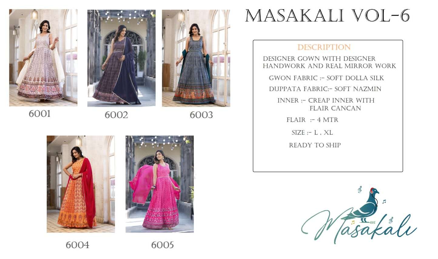 masakali vol-6 6001-6005 series latest designer readymade anarkali gown type suit wholesaler surat gujarat