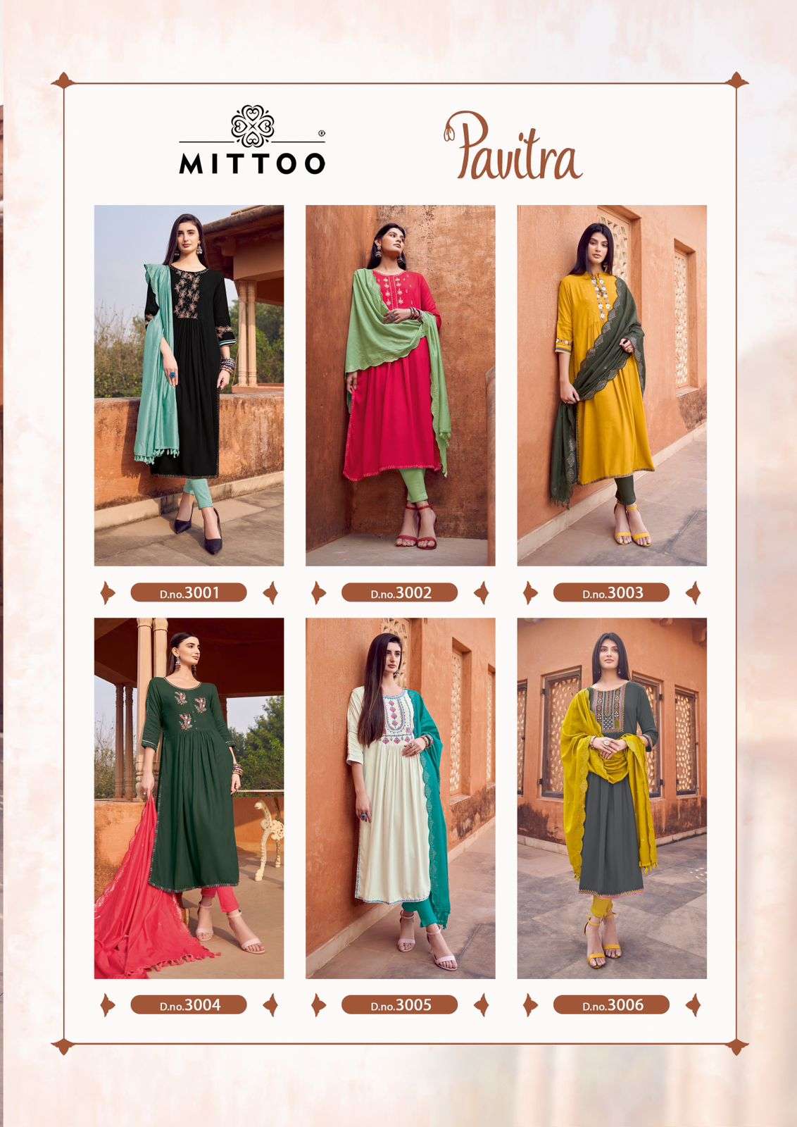 mittoo pavitra 3001-3006 series designer fancy kurti set wholesaler surat gujarat