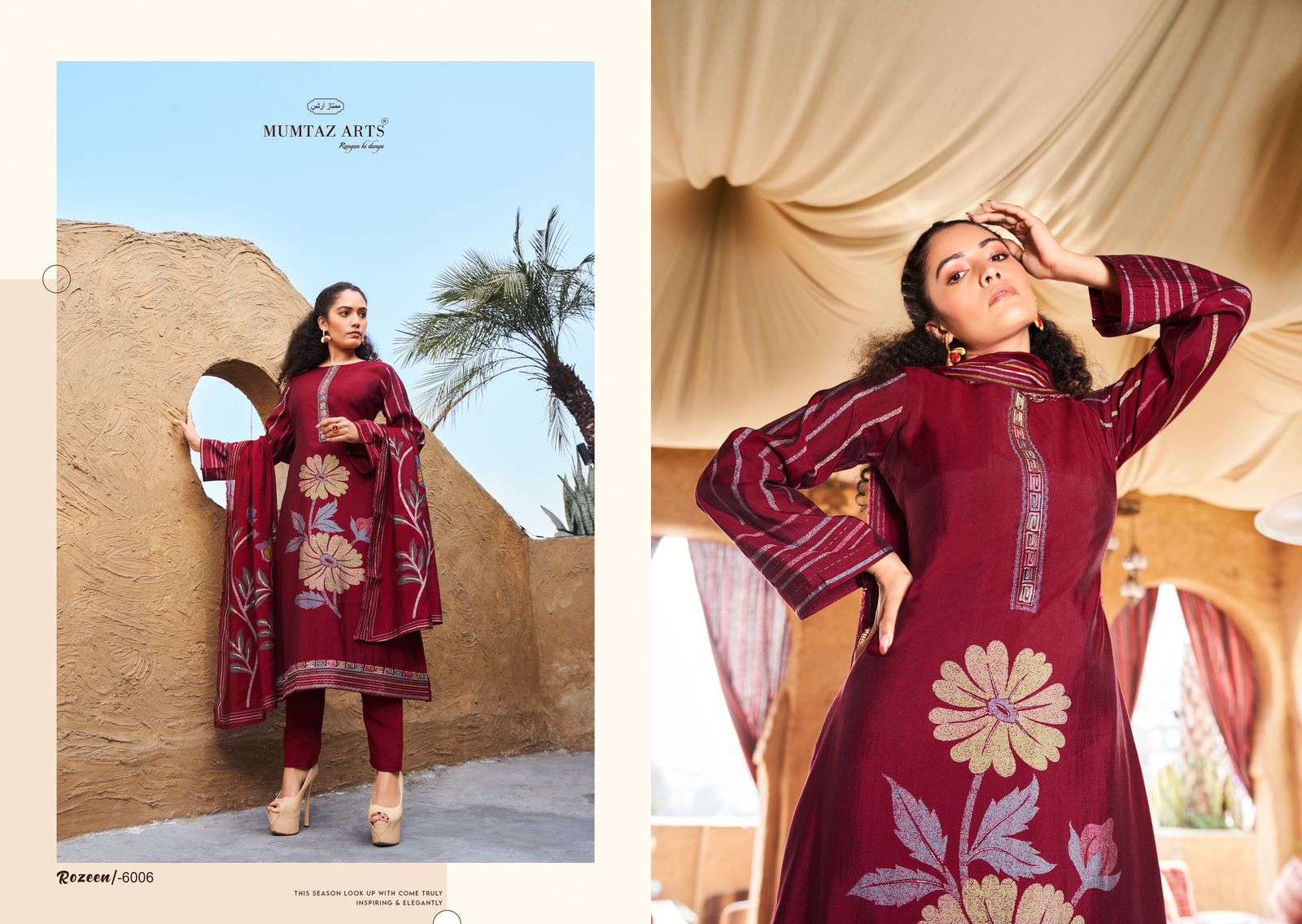 mumtaz arts rozeen 6001-6006 series latest designer pakistani salwar kameez wholesaler surat gujarat