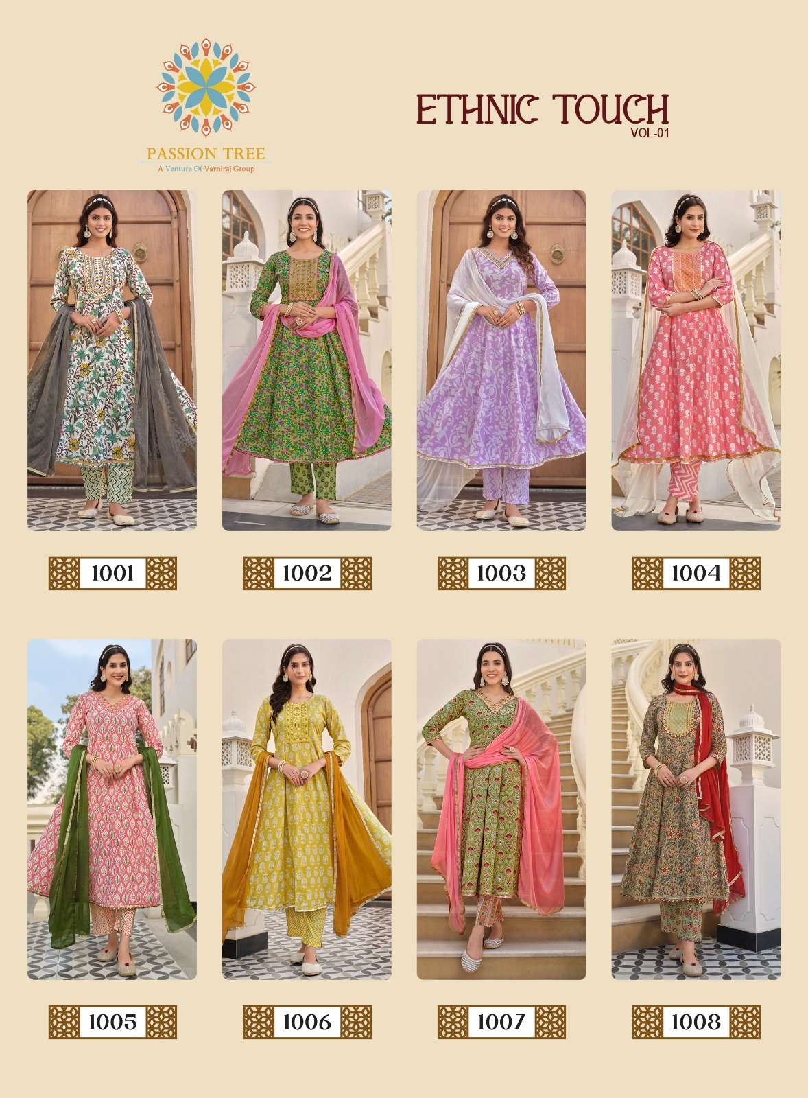 passion tree ethnic touch vol-1 1001-1008 series latest designer kurti set wholesaler surat gujarat